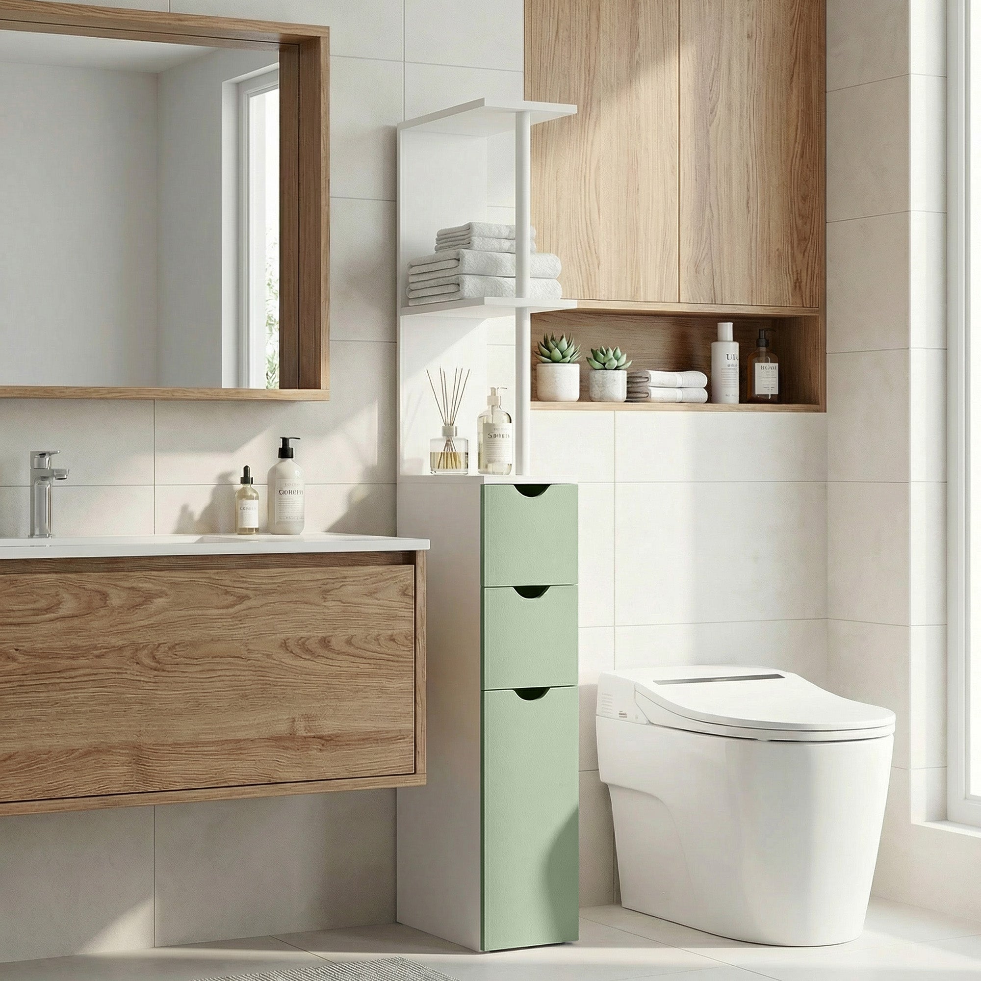 Tall Bathroom Cabinet, Freestanding Slim Bathroom Storage Cabinet with 2-Tier Open Shelf and 2 Drawers for Small Space, Narrow Cupboard Storage Unit, White and Light Green