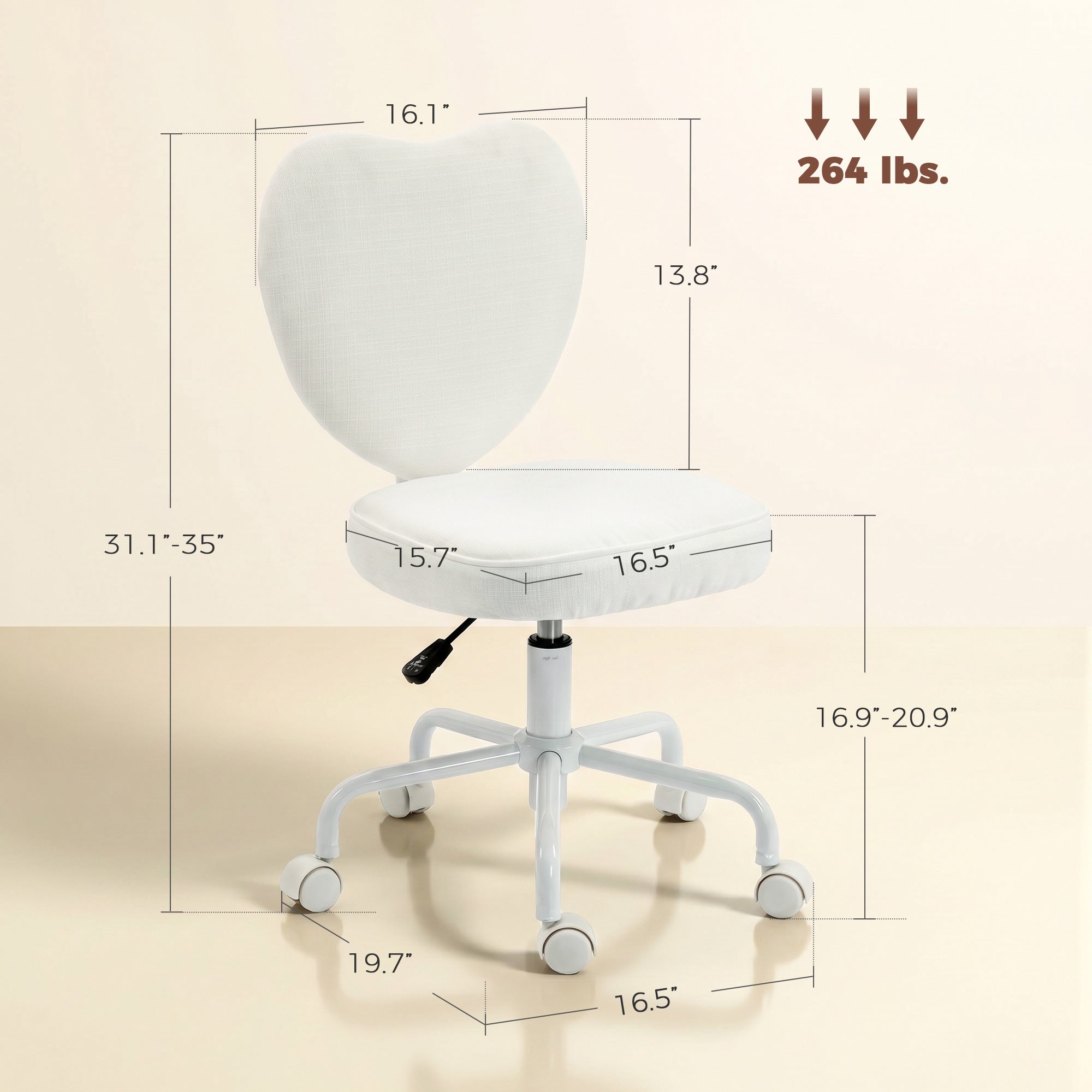 Armless Home Office Chair, Modern Fabric Makeup Vanity Chair with Heart Shape, Swivel Wheels, Height Adjustable, White
