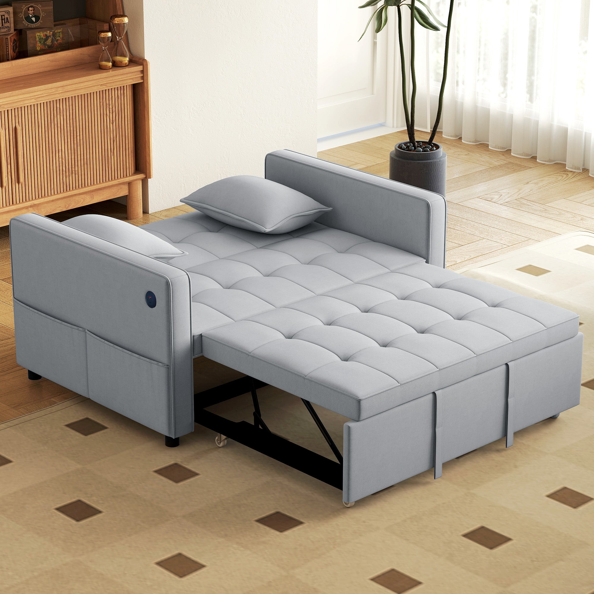 3‑in‑1 Convertible Sofa Bed, Pull Out Sleeper Sofa with USB Charging, Adjustable Backrest, Side Pockets, Sleeper Couch for Living Room, Small Space, Apartment, Light Grey
