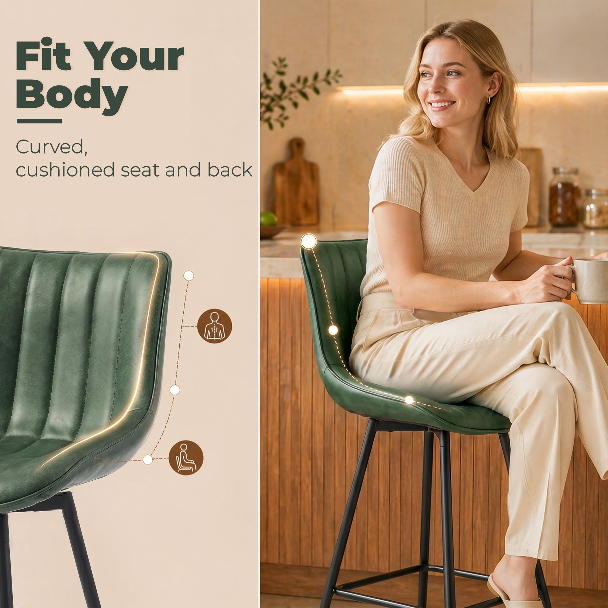 Swivel Bar Stools Set of 2, Textured Faux Leather Counter Stools with Backrest and Footrest, Height Adjustable Breakfast Chairs for Kitchen Island, Home Bar, Dining Room, Dark Green