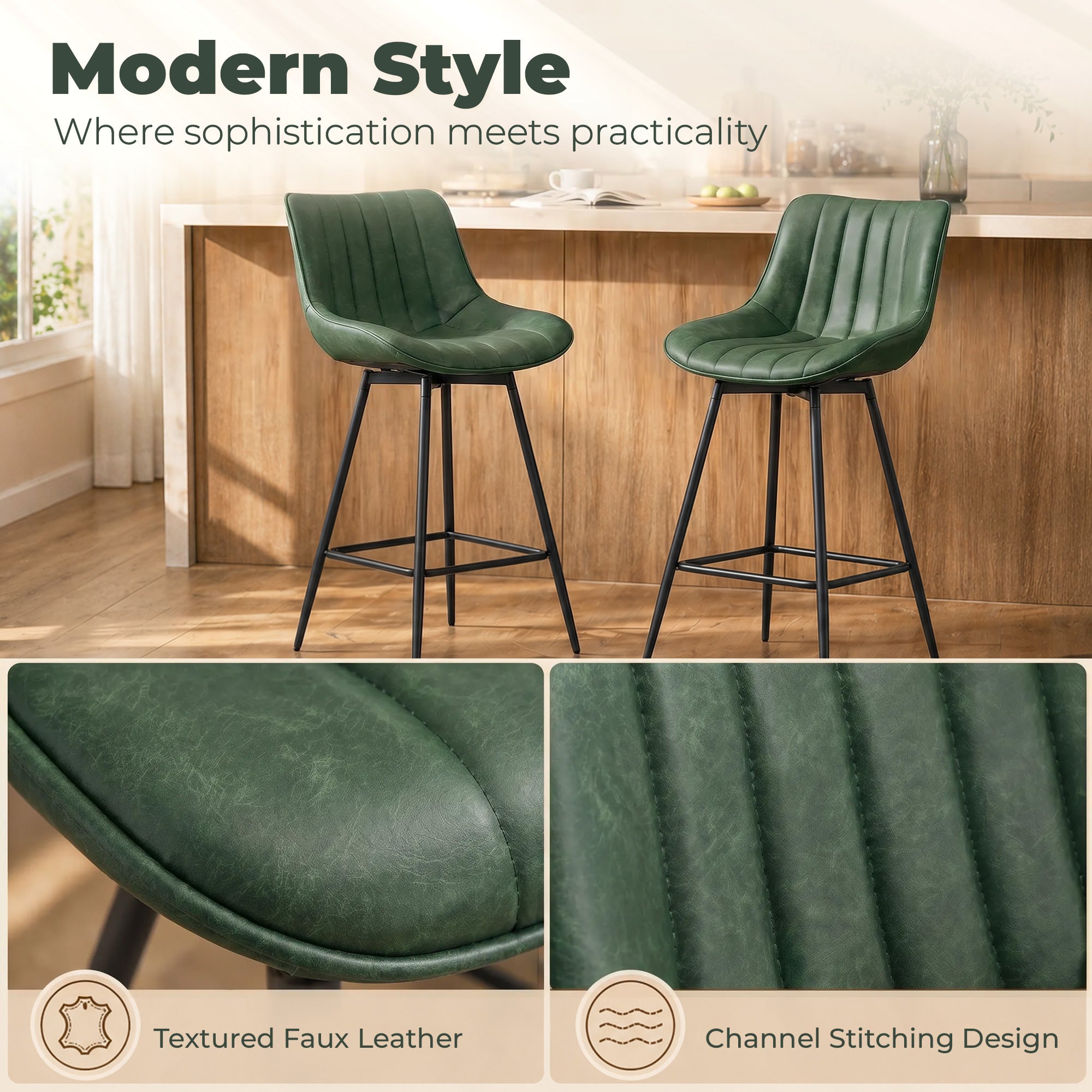 Swivel Bar Stools Set of 2, Textured Faux Leather Counter Stools with Backrest and Footrest, Height Adjustable Breakfast Chairs for Kitchen Island, Home Bar, Dining Room, Dark Green