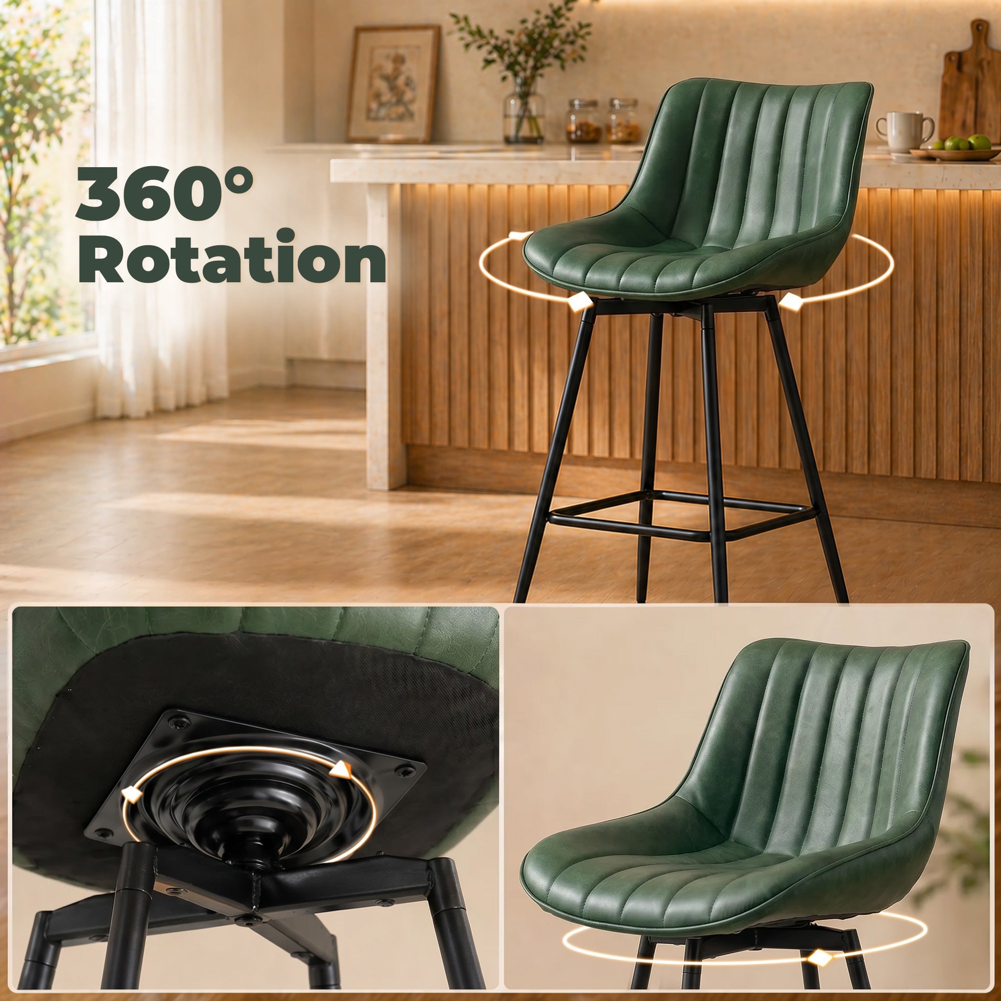 Swivel Bar Stools Set of 2, Textured Faux Leather Counter Stools with Backrest and Footrest, Height Adjustable Breakfast Chairs for Kitchen Island, Home Bar, Dining Room, Dark Green