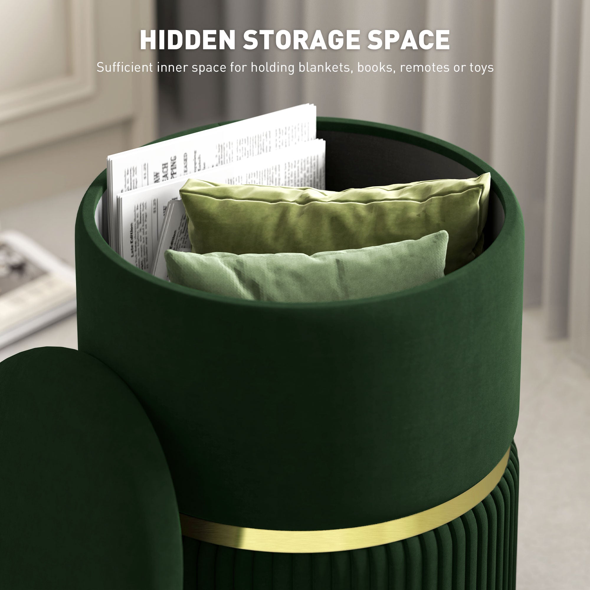 HOMCOM Round Pouffe, Velvet-feel Fabric Upholstered Storage Foot Stool with Removable Top, Padded Seat and Hidden Space for Living Room, Dark Green