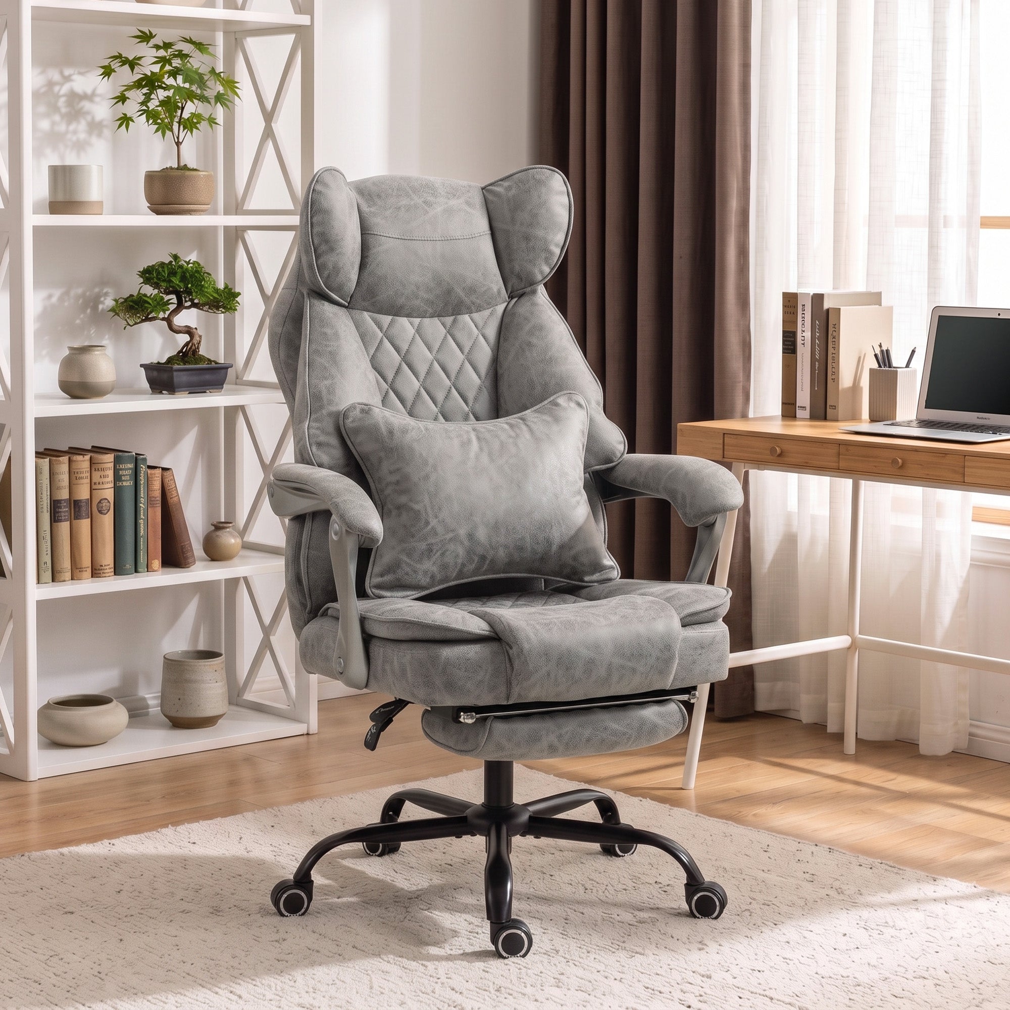 Executive Office Chair with Footrest, 180kg 400lb Big and Tall Leathaire Desk Chair with Wide Seat, Reclining Back, Lumbar Support, Built-in Headrest, Class 4 Gas Lift, Swivel Wheel, Grey