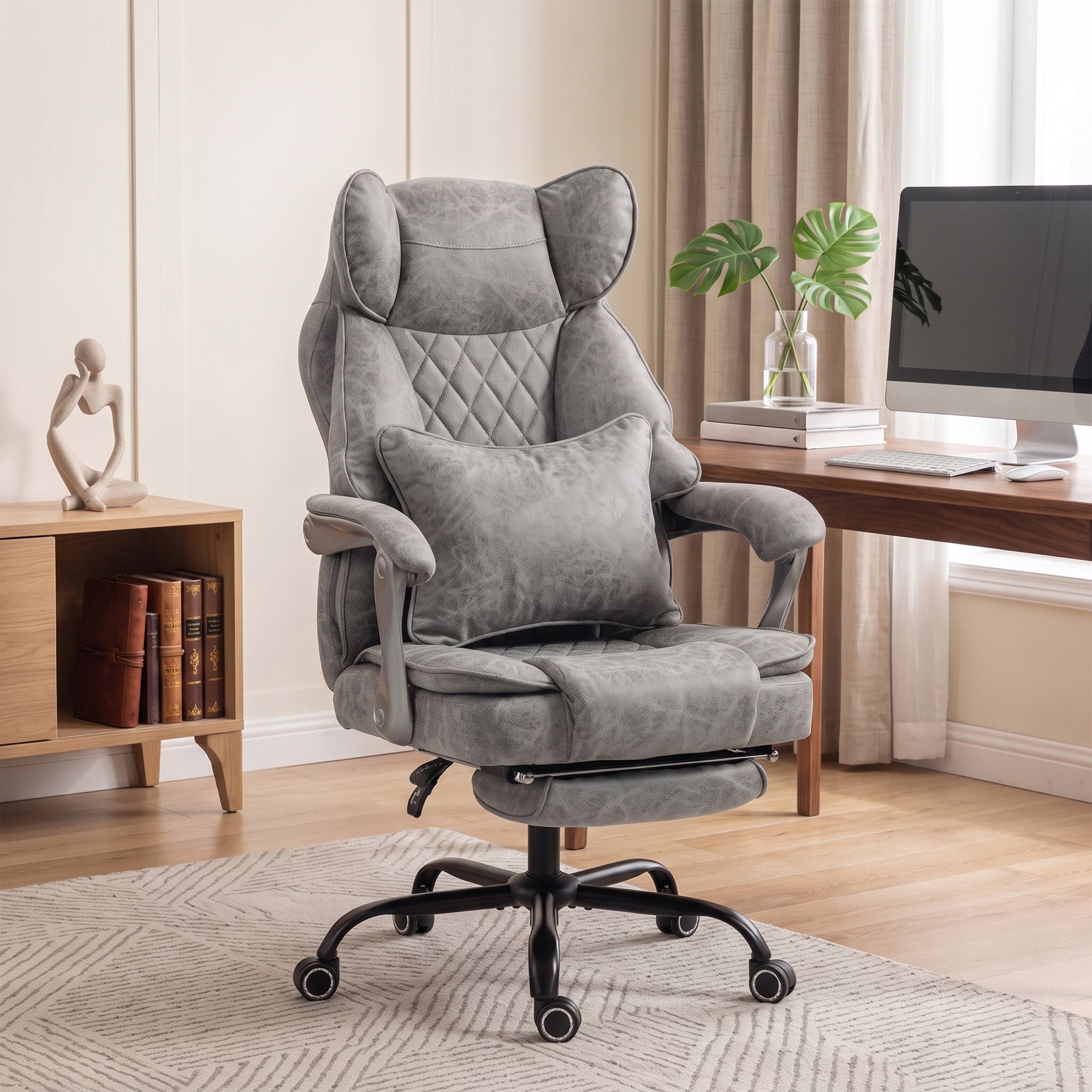 Executive Office Chair with Footrest, 180kg 400lb Big and Tall Leathaire Desk Chair with Wide Seat, Reclining Back, Lumbar Support, Built-in Headrest, Class 4 Gas Lift, Swivel Wheel, Grey