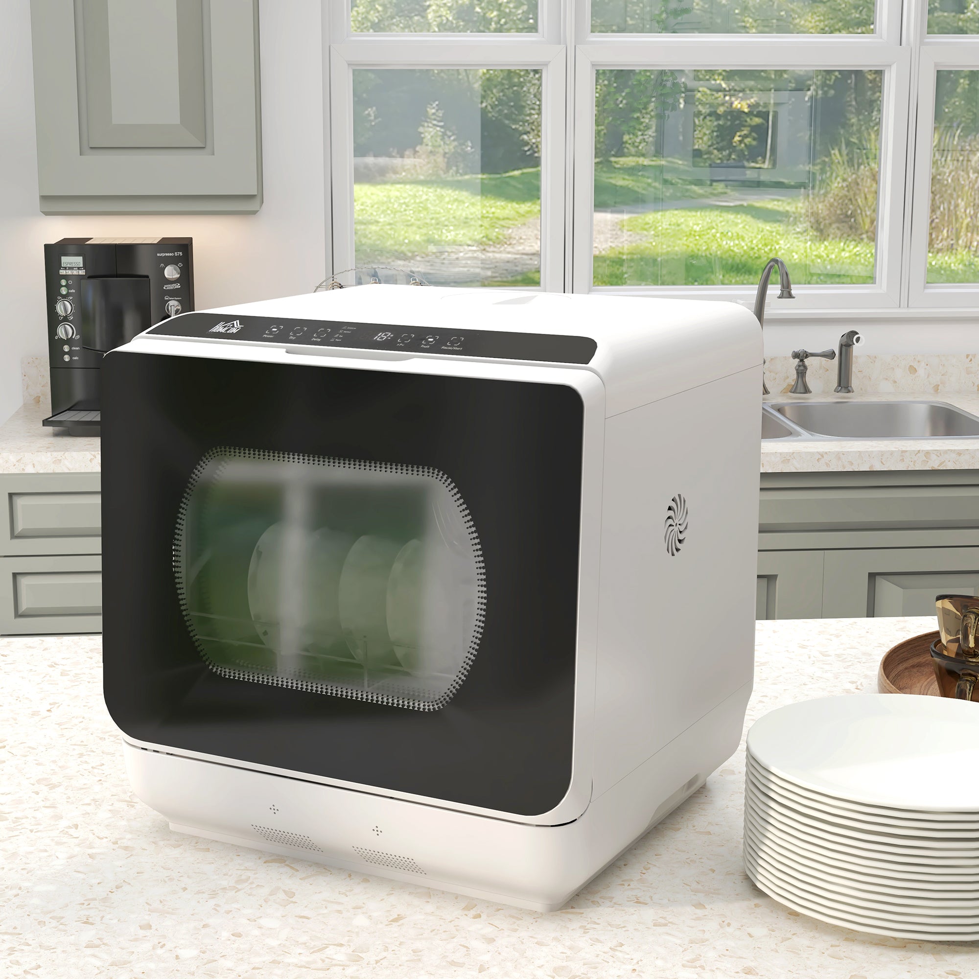 Countertop Dishwasher, Portable Mini Dishwasher with 4 Place Settings, 5 Washing Programs, Air-Dry Function, Built-in 6L Water Tank for Apartments and RVs, White and Black