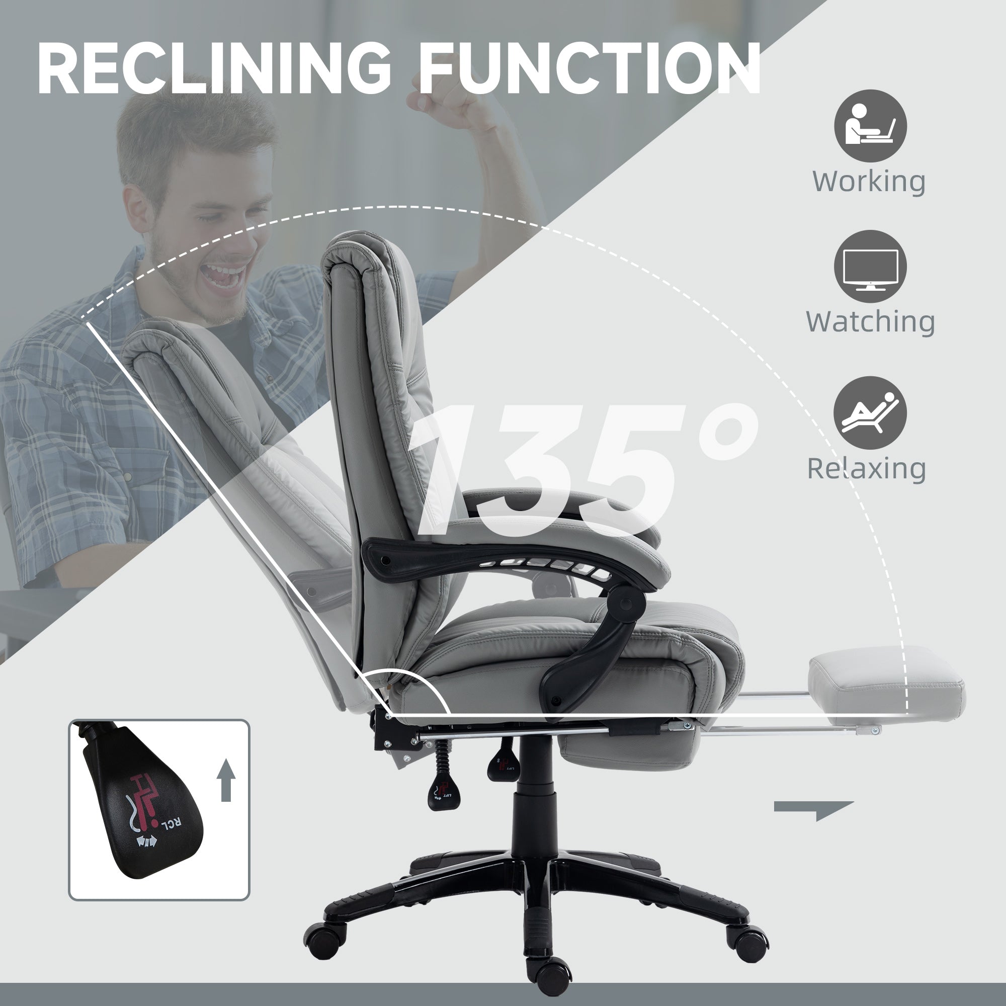 Vinsetto Executive Office Chair for Home, PU Leather Computer Chair, Swivel Desk Chair with Footrest, Wheels, Adjustable Height, Grey