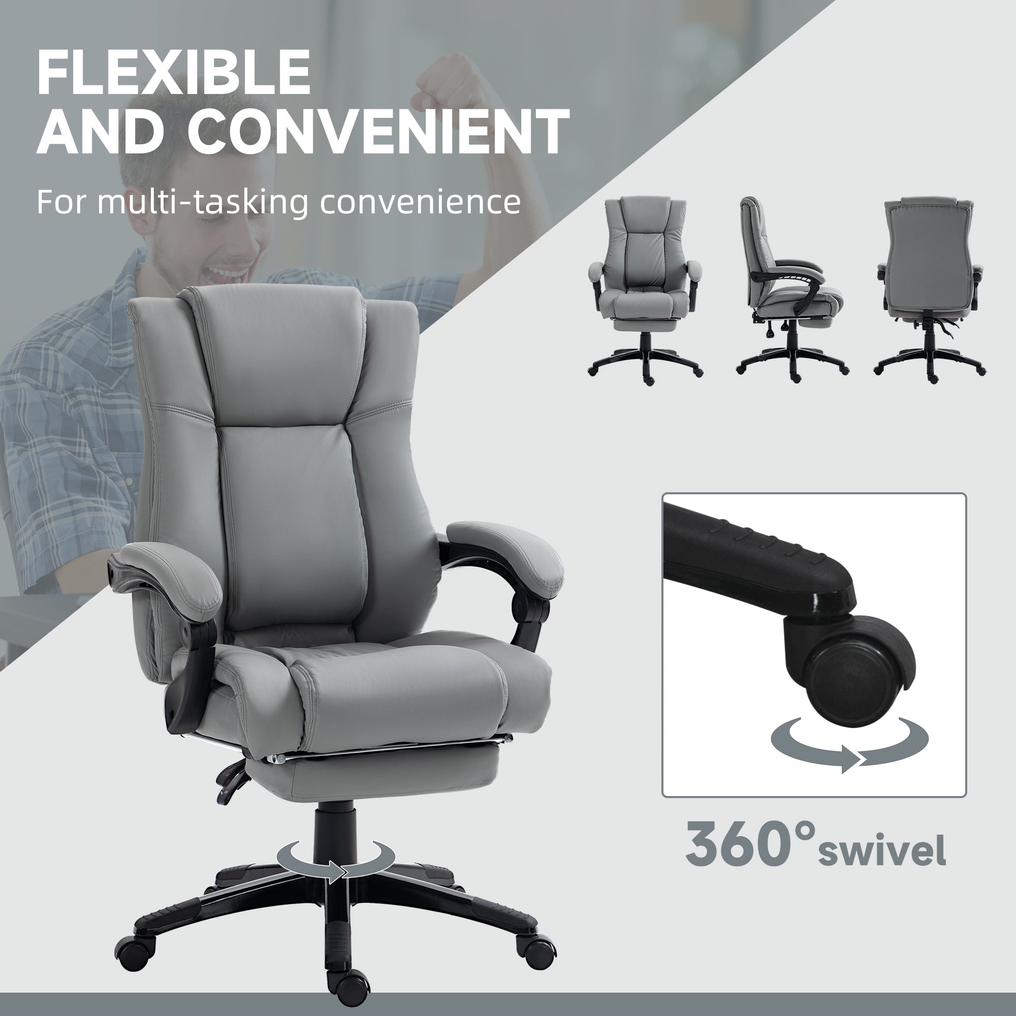 Vinsetto Executive Office Chair for Home, PU Leather Computer Chair, Swivel Desk Chair with Footrest, Wheels, Adjustable Height, Grey