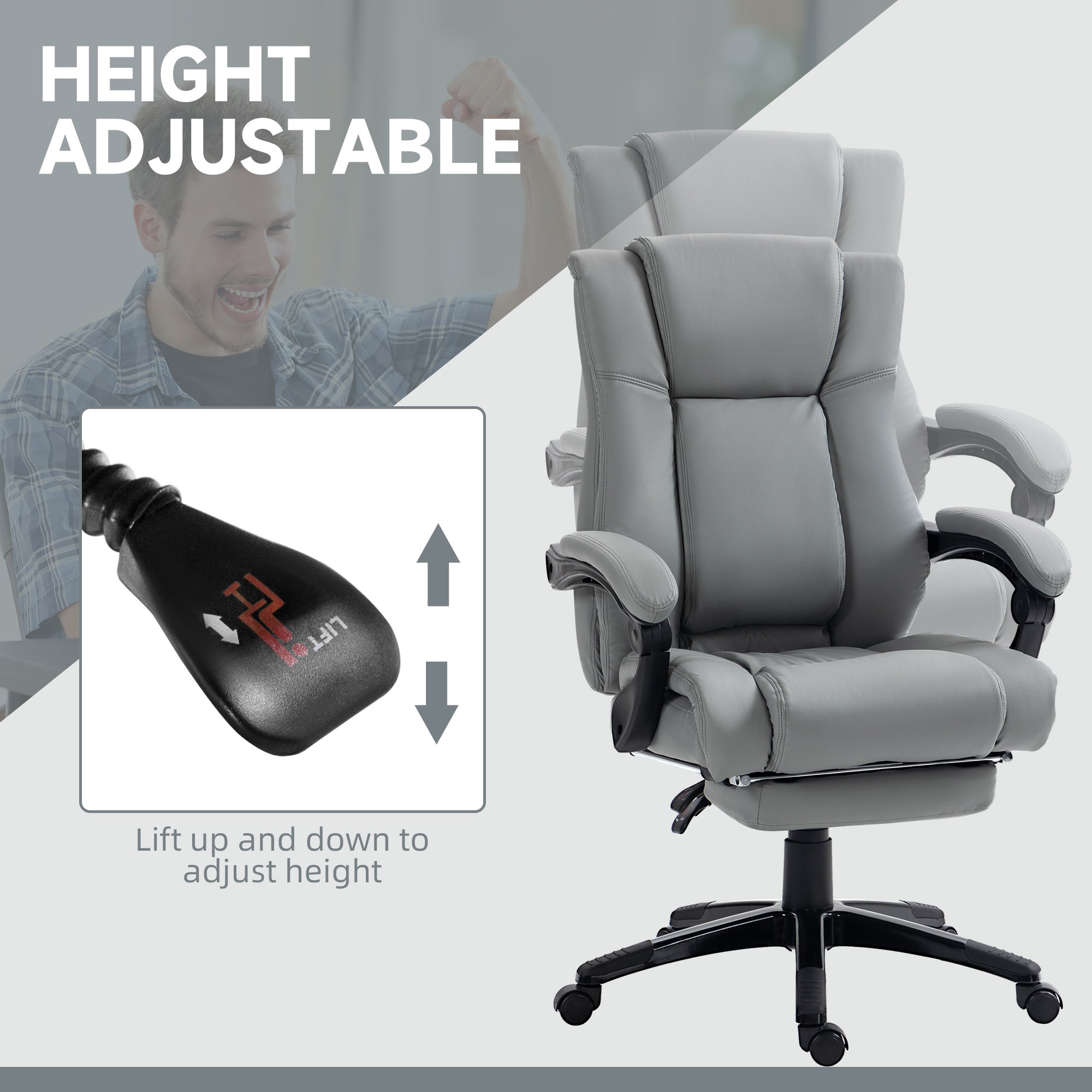 Vinsetto Executive Office Chair for Home, PU Leather Computer Chair, Swivel Desk Chair with Footrest, Wheels, Adjustable Height, Grey
