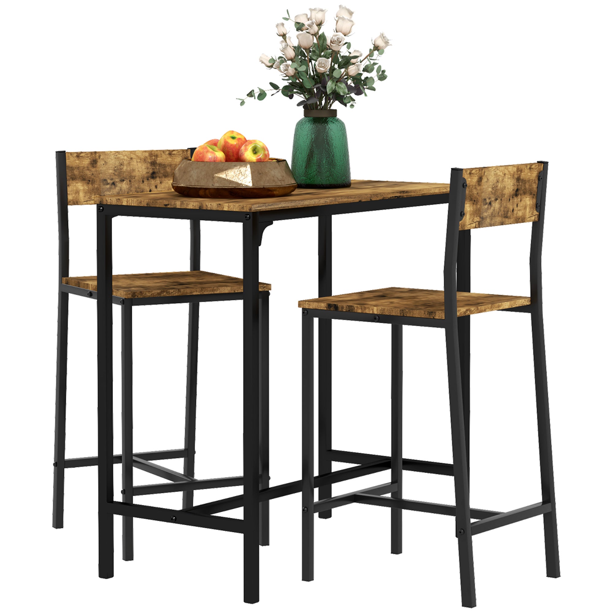 3 Piece Bar Table and Chairs, Industrial Dining Table Set for 2, Counter Height Kitchen Table Rustic Brown