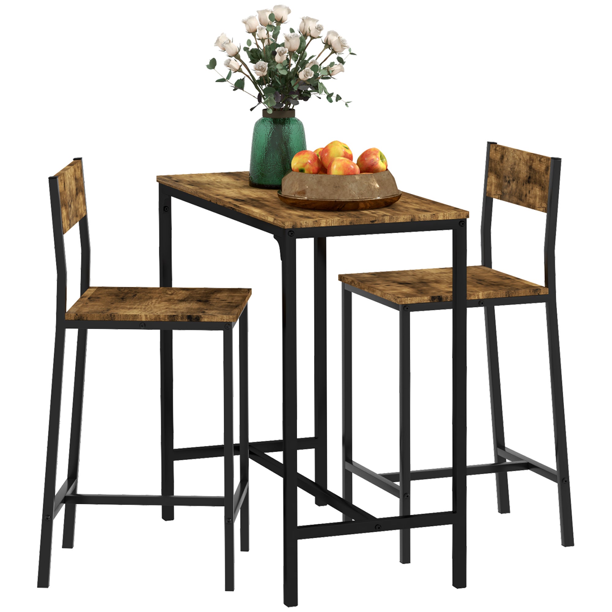 3 Piece Bar Table and Chairs, Industrial Dining Table Set for 2, Counter Height Kitchen Table Rustic Brown