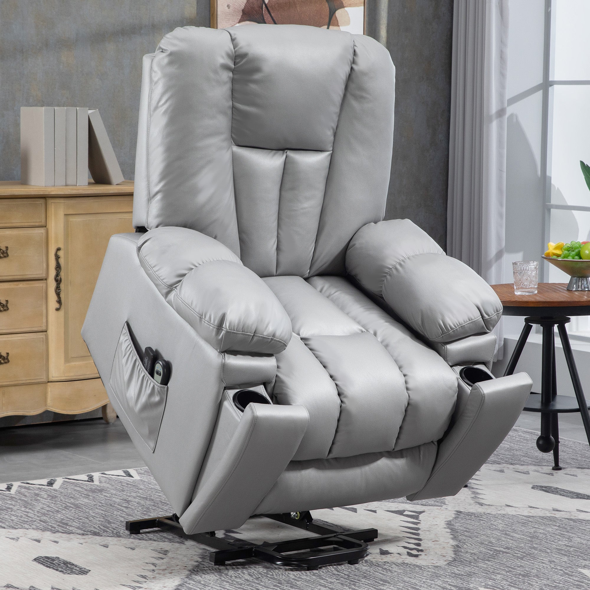 HOMCOM Riser and Recliner Chair for the Elderly, Quick Assembly, Lift Chair with Vibration Massage, Remote Control, Side Pockets, Pocket Spring, Cup Holder, Charcoal Grey