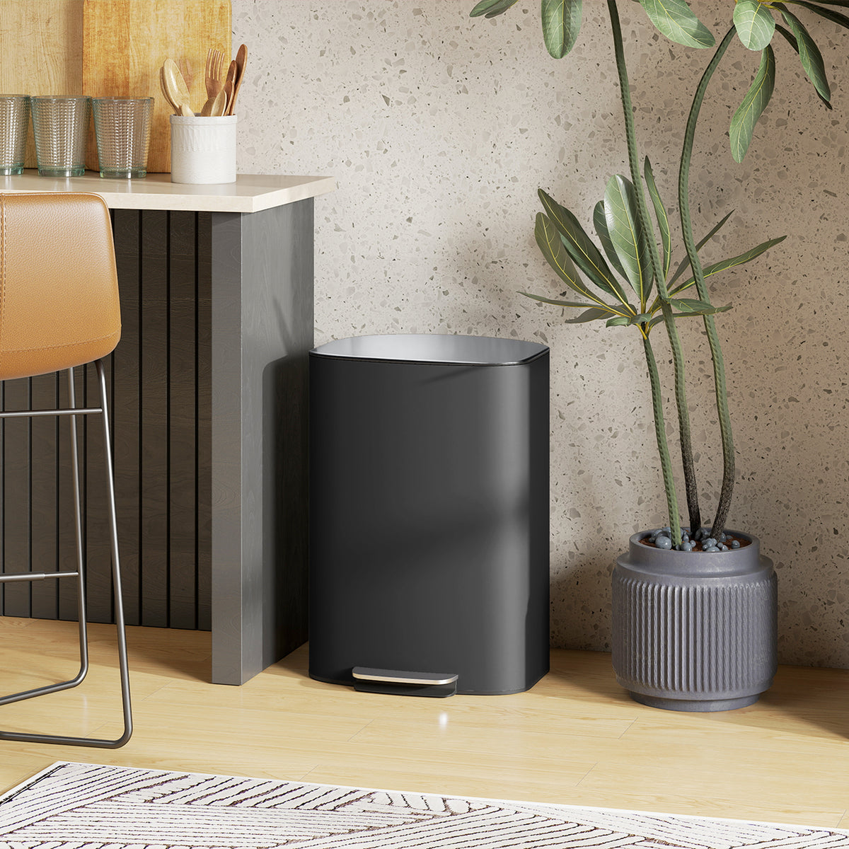 13.2-Gallon Garbage Can, Fingerprint-proof Kitchen Trash Can with Soft-close Lid, Foot Pedal and Stainless Steel Lid, Modern Garbage Bin for Living Room, Home Office, Black