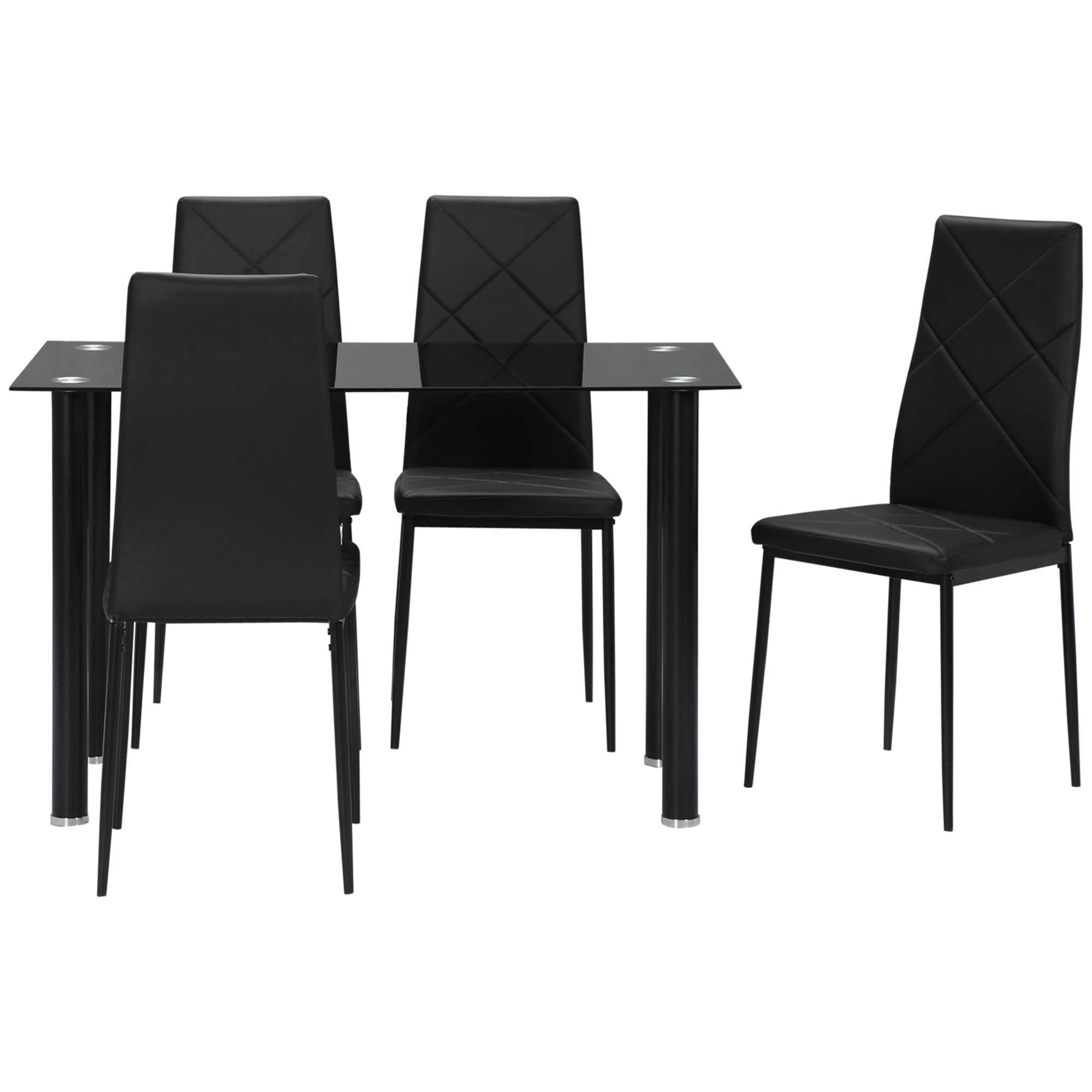 HOMCOM Modern Dining Table Set for 4, Space-Saving 5 Pieces Kitchen Table Set with PU Leather Upholstered Chairs, Glass Table Top and Steel Frame, Black