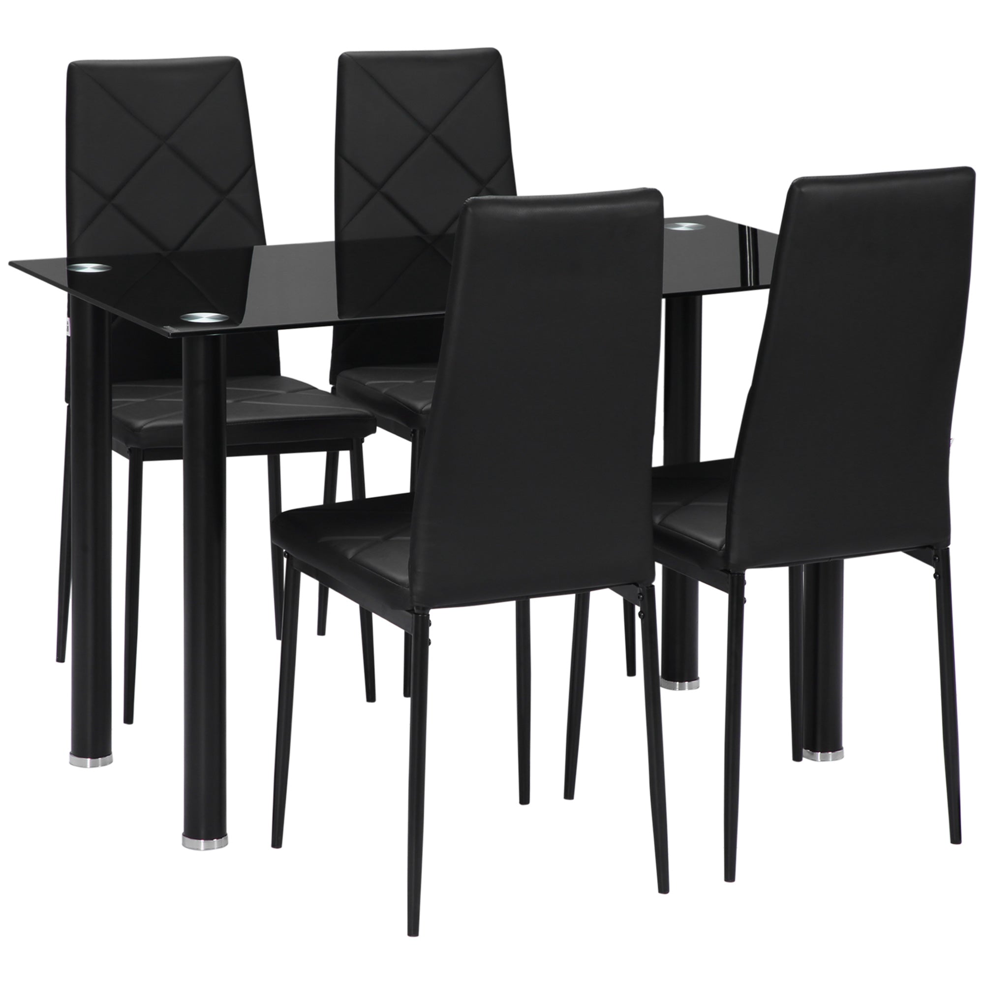 HOMCOM Modern Dining Table Set for 4, Space-Saving 5 Pieces Kitchen Table Set with PU Leather Upholstered Chairs, Glass Table Top and Steel Frame, Black