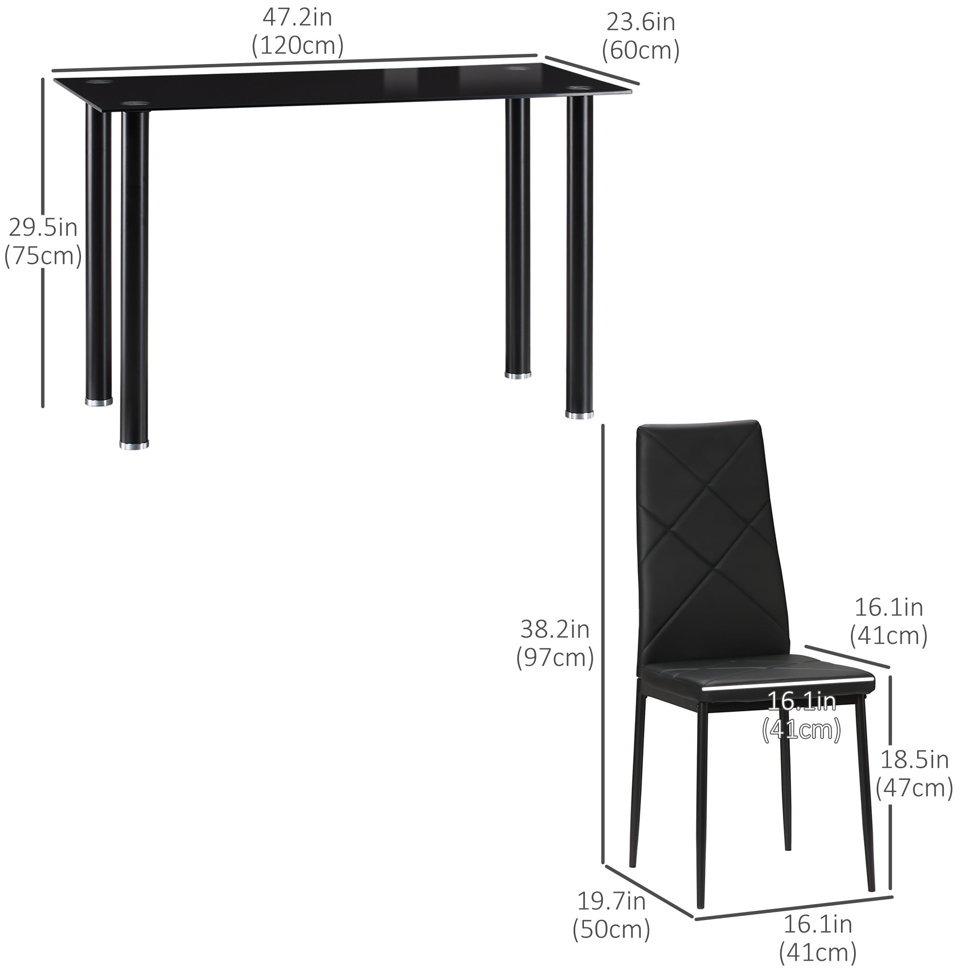 HOMCOM Modern Dining Table Set for 4, Space-Saving 5 Pieces Kitchen Table Set with PU Leather Upholstered Chairs, Glass Table Top and Steel Frame, Black