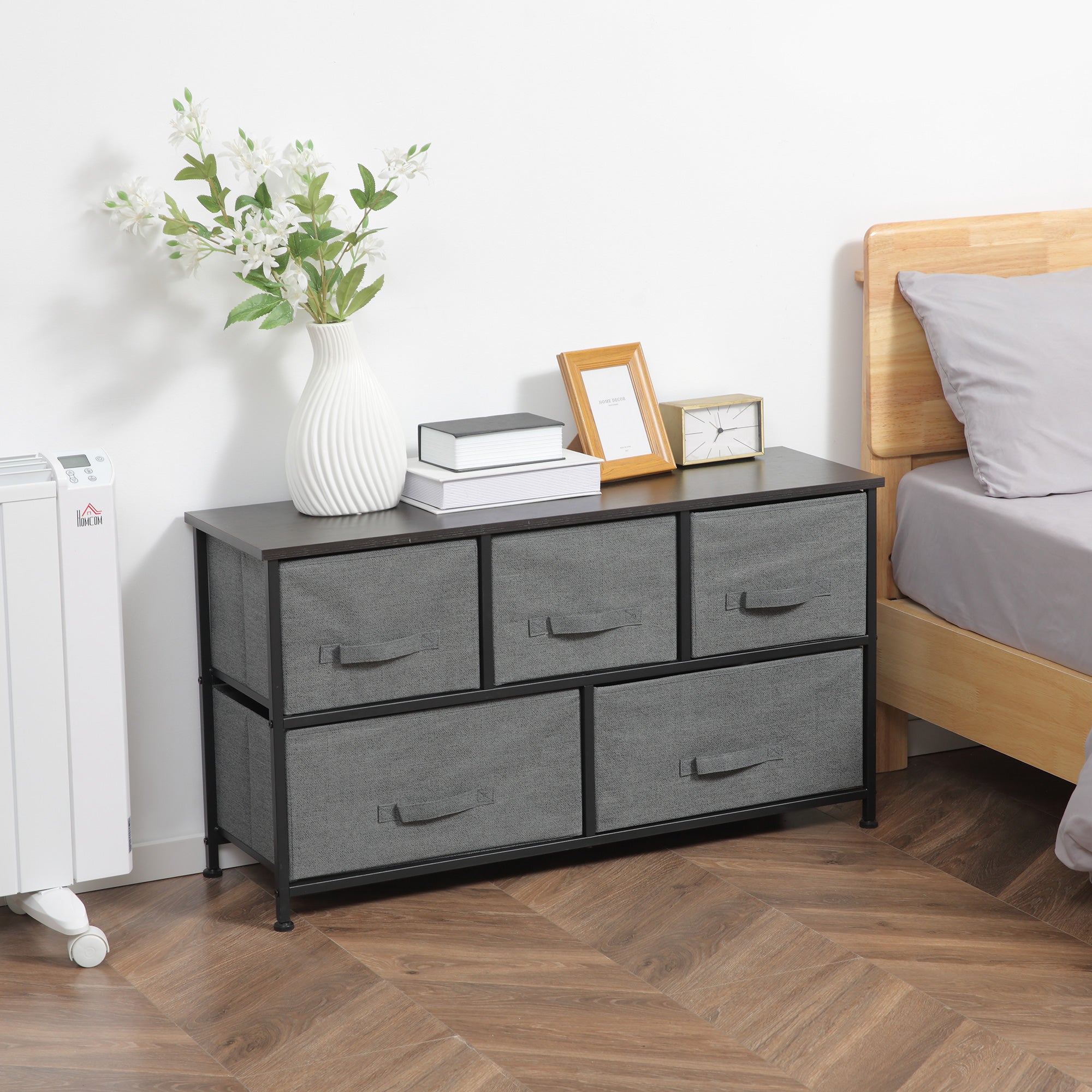 HOMCOM Linen Drawer Cabinet Organizer Storage Dresser Tower with 5 Removable Drawer Metal Frame Adjustable Feet for Living Room, Kitchen, Bathroom, Dark Grey