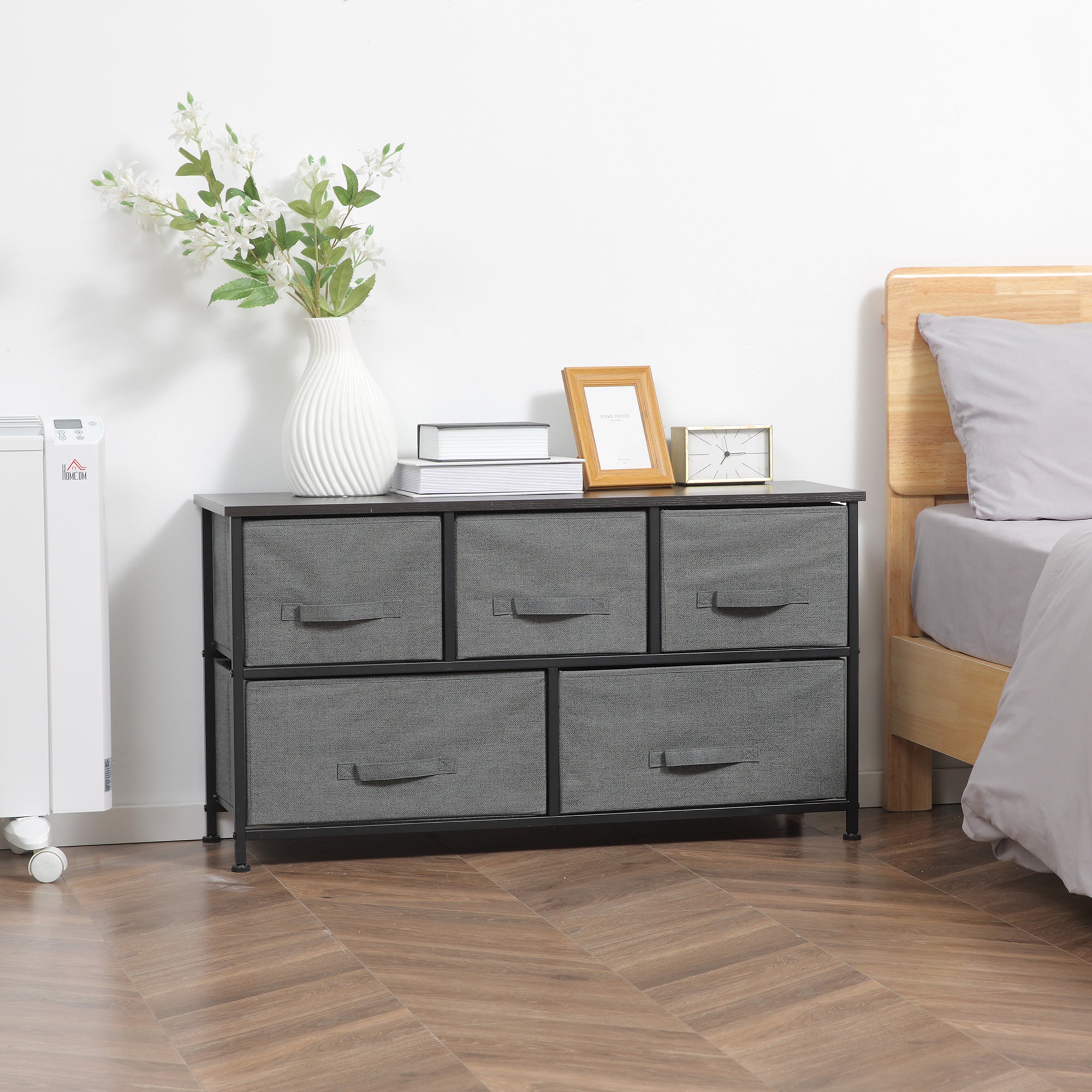 HOMCOM Linen Drawer Cabinet Organizer Storage Dresser Tower with 5 Removable Drawer Metal Frame Adjustable Feet for Living Room, Kitchen, Bathroom, Dark Grey