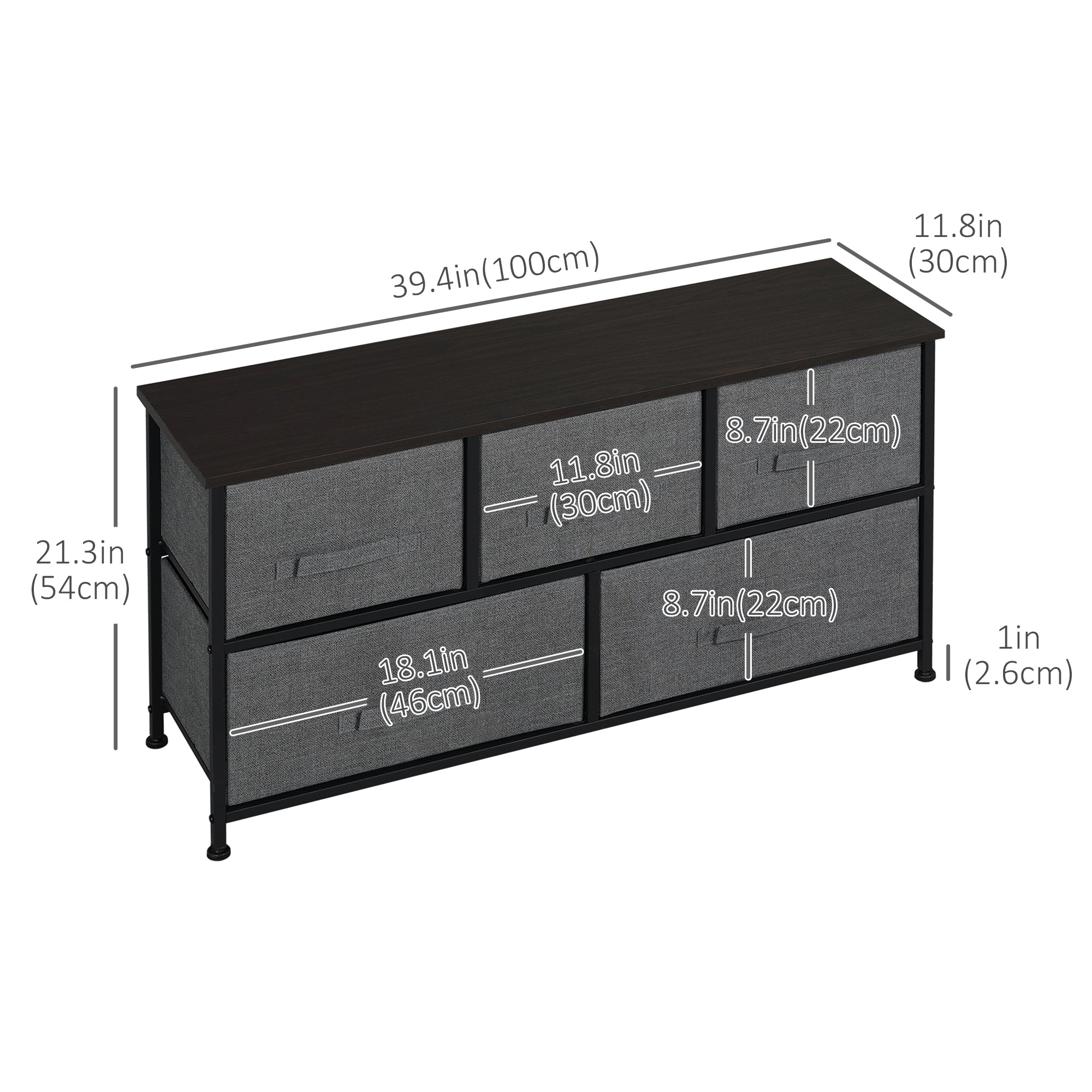 HOMCOM Linen Drawer Cabinet Organizer Storage Dresser Tower with 5 Removable Drawer Metal Frame Adjustable Feet for Living Room, Kitchen, Bathroom, Dark Grey