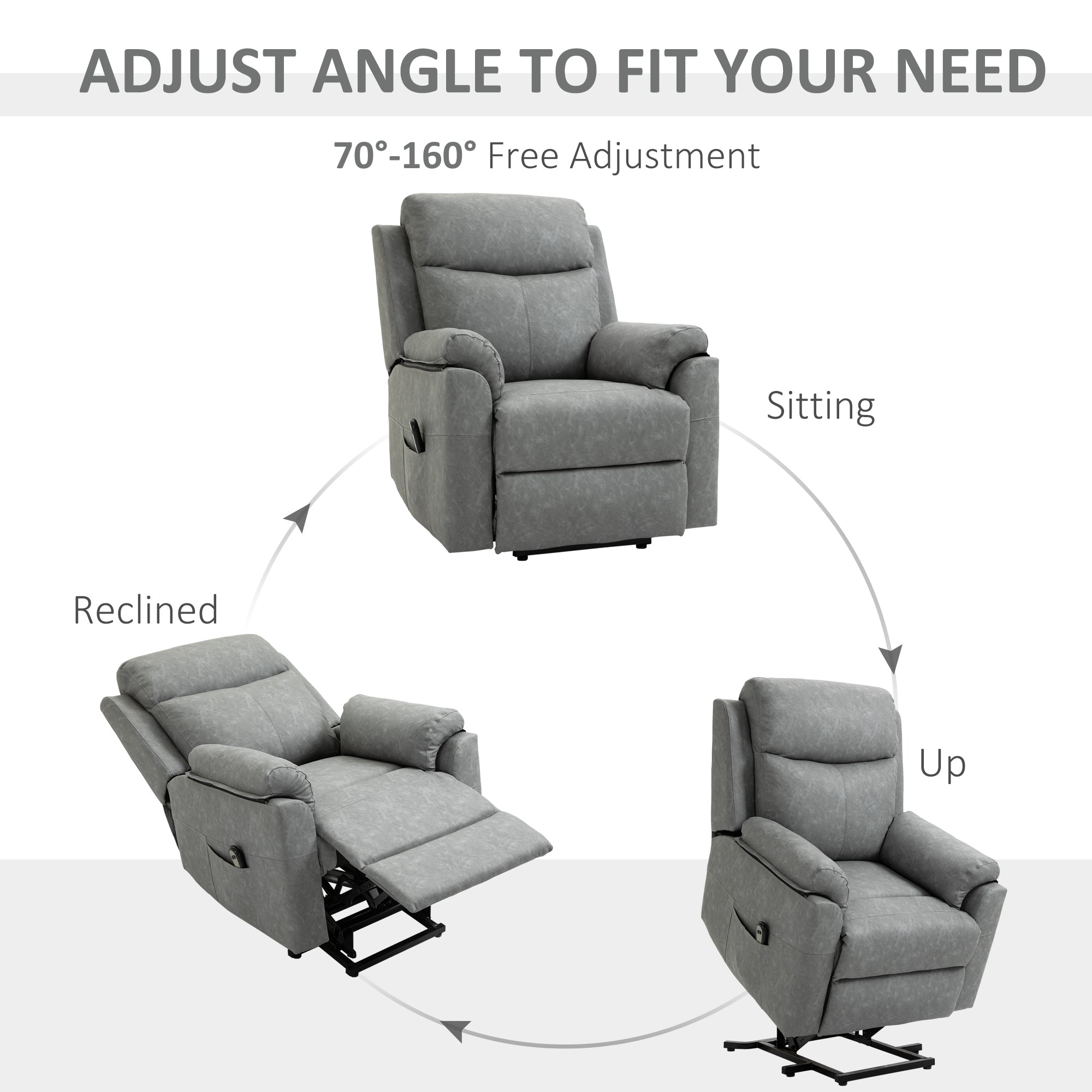 HOMCOM Power Lift Recliner Chair, Electric Lift Chair for Elderly, Overstuffed Faux Leather Riser and Reclining Armchair with Remote Control, Side Pockets, for Living Room, Grey