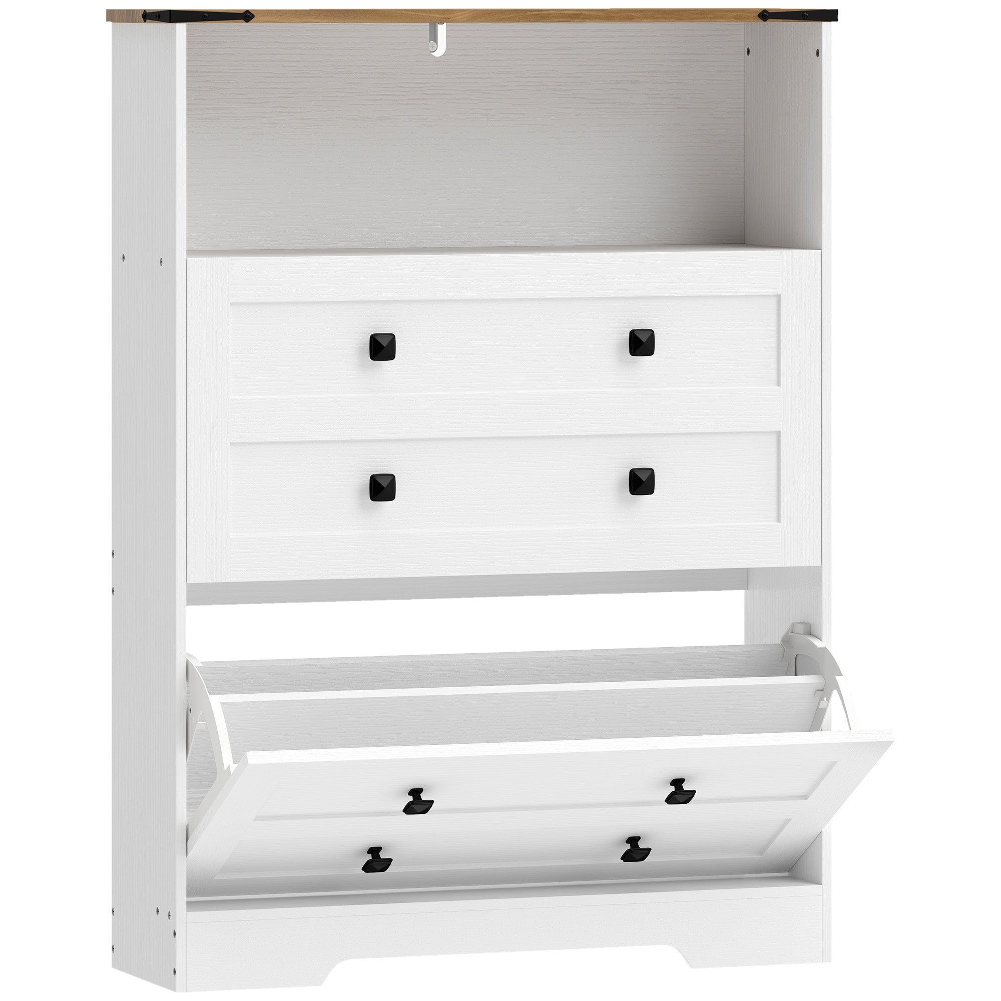 Shoe Cabinet with 2 Flip Drawers, Narrow Shoe Storage Cabinet with Adjustable Shelves and Open Shelf, Farmhouse Storage Organizer for Entryway, Hallway, Holds 12-16 Pairs, White