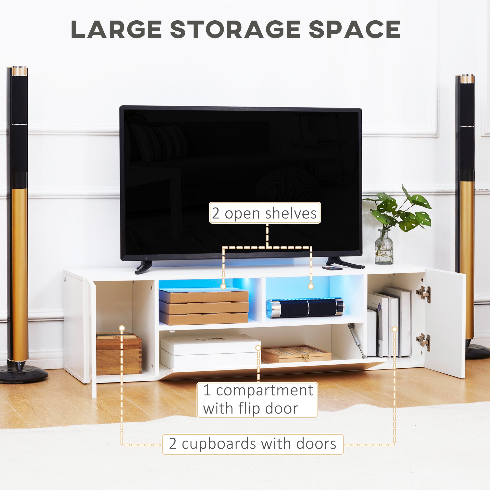 HOMCOM High Gloss TV Unit Cabinet for TVs up to 60" with LED Lights, TV Stand with Storage Shelves and Cupboards, White