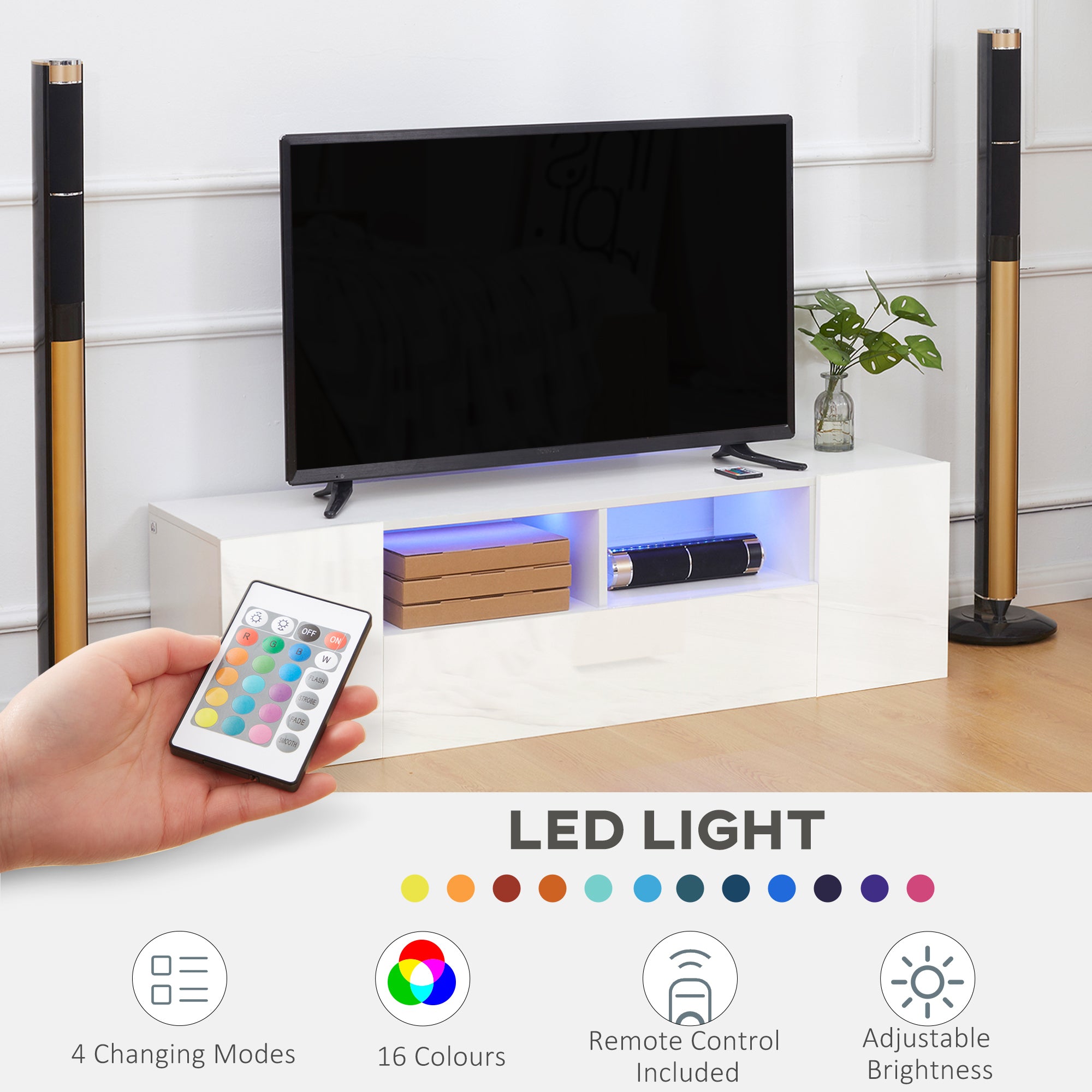 HOMCOM High Gloss TV Unit Cabinet for TVs up to 60" with LED Lights, TV Stand with Storage Shelves and Cupboards, White