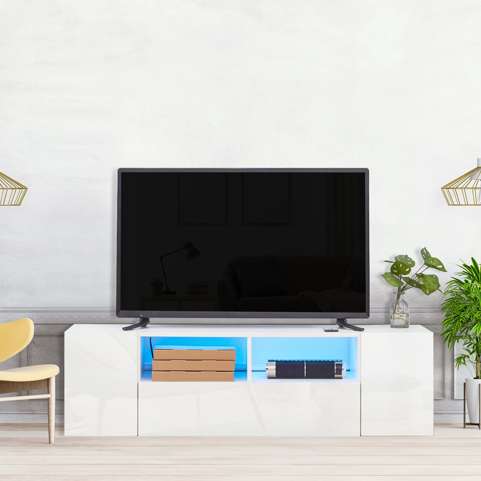 HOMCOM High Gloss TV Unit Cabinet for TVs up to 60" with LED Lights, TV Stand with Storage Shelves and Cupboards, White