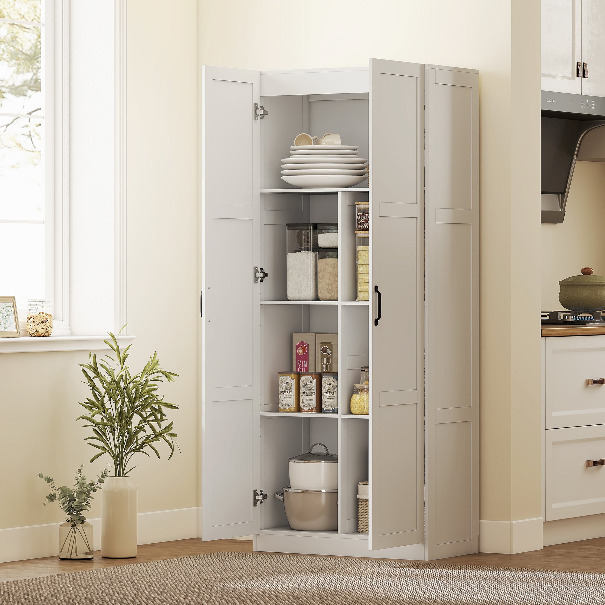 71" Tall Kitchen Pantry Cabinet with Soft-Close Hinges, Modern Farmhouse Freestanding Pantry Storage Cabinet with 2 Framed Doors, 4 Adjustable Shelves, White