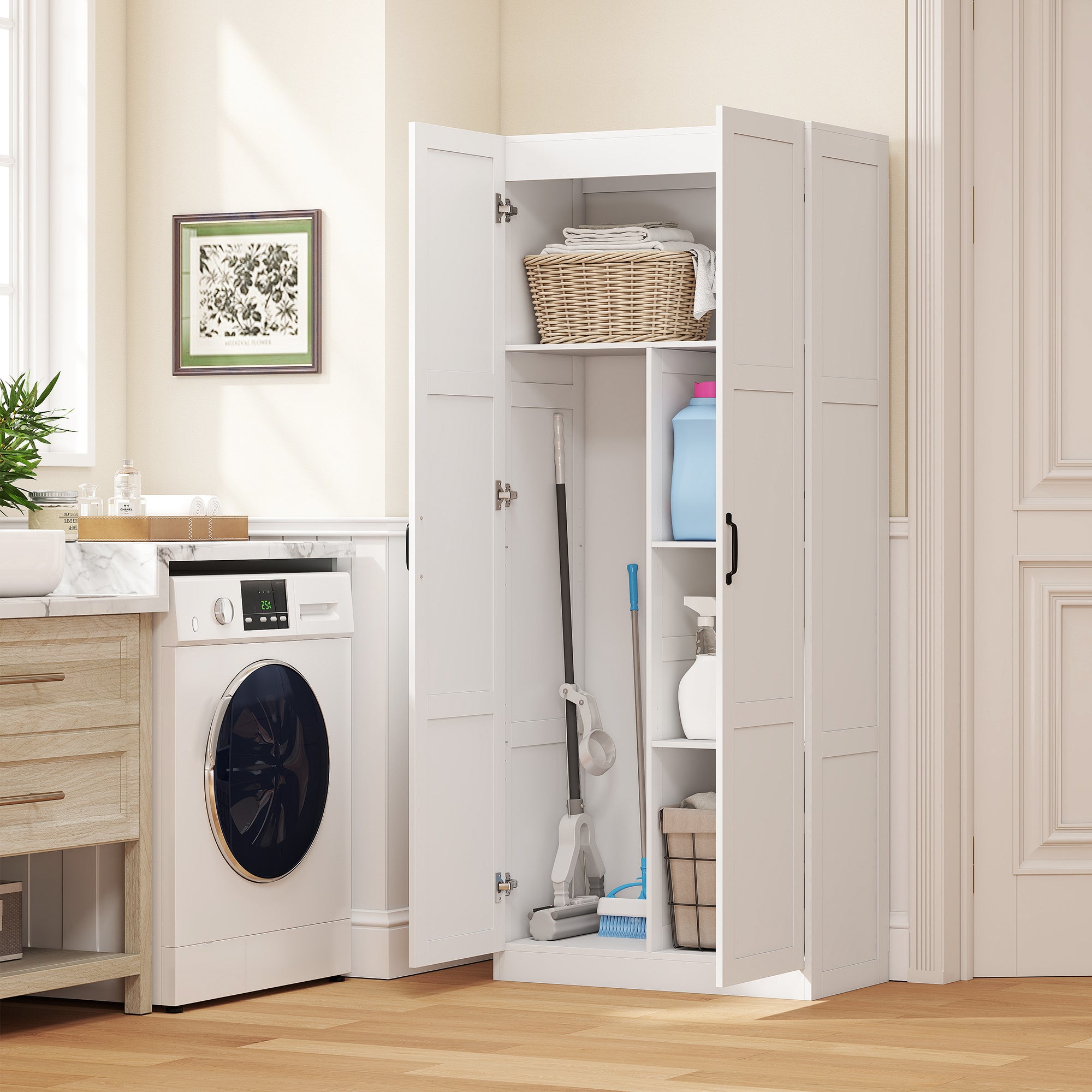 71" Tall Kitchen Pantry Cabinet with Soft-Close Hinges, Modern Farmhouse Freestanding Pantry Storage Cabinet with 2 Framed Doors, 4 Adjustable Shelves, White