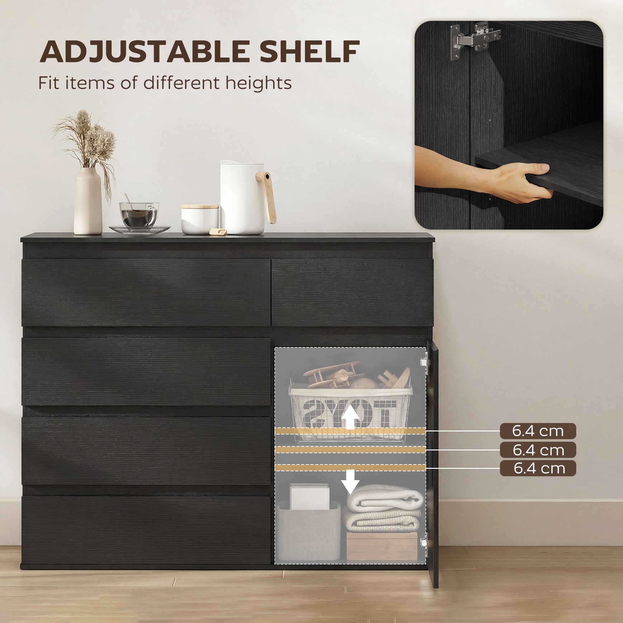 Modern Sideboard, Sideboard Storage Cabinet with 5 Drawers, Adjustable Shelf, Soft-Close Door, Storage Cupboard for Dining Room, Kitchen, Living Room, Black