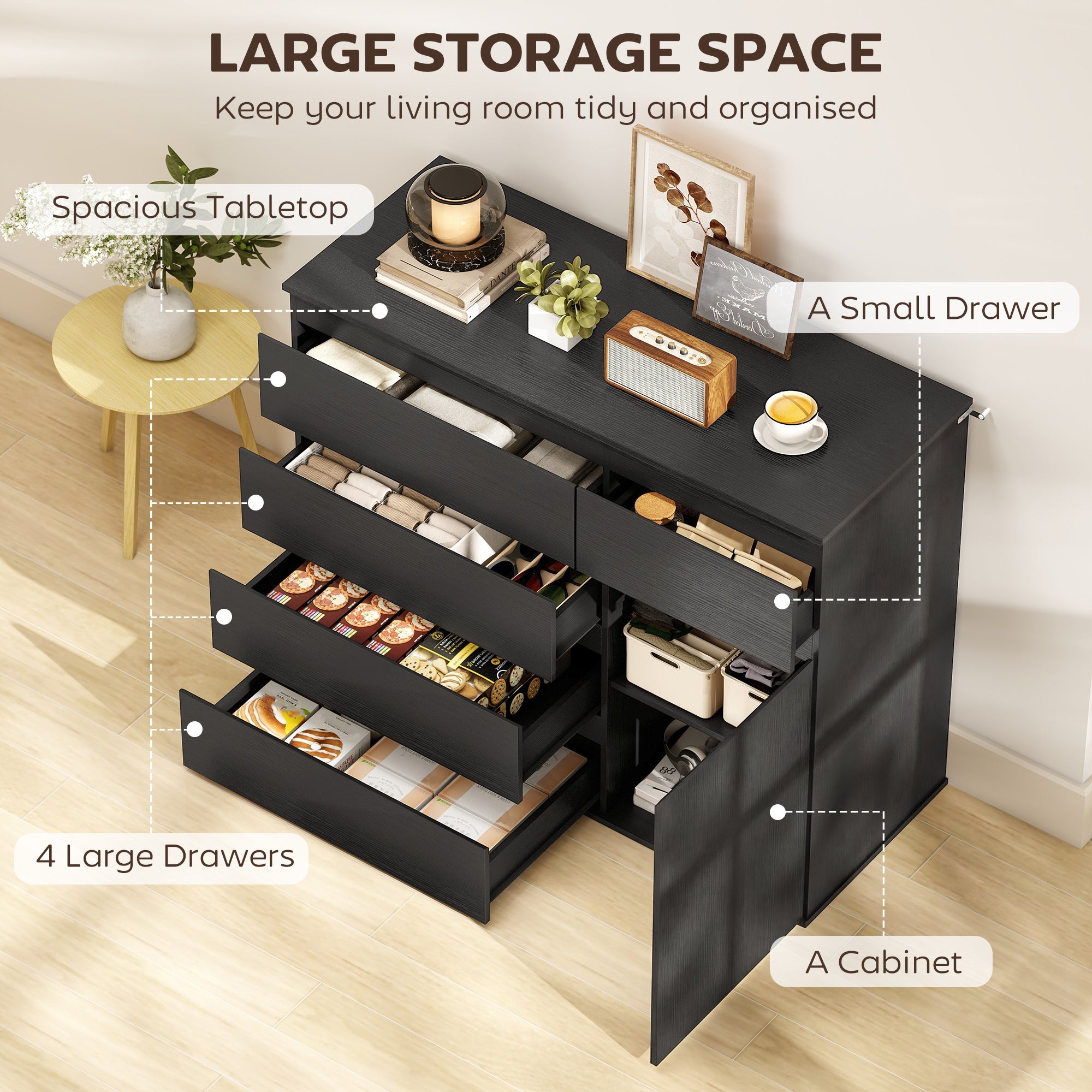 Modern Sideboard, Sideboard Storage Cabinet with 5 Drawers, Adjustable Shelf, Soft-Close Door, Storage Cupboard for Dining Room, Kitchen, Living Room, Black