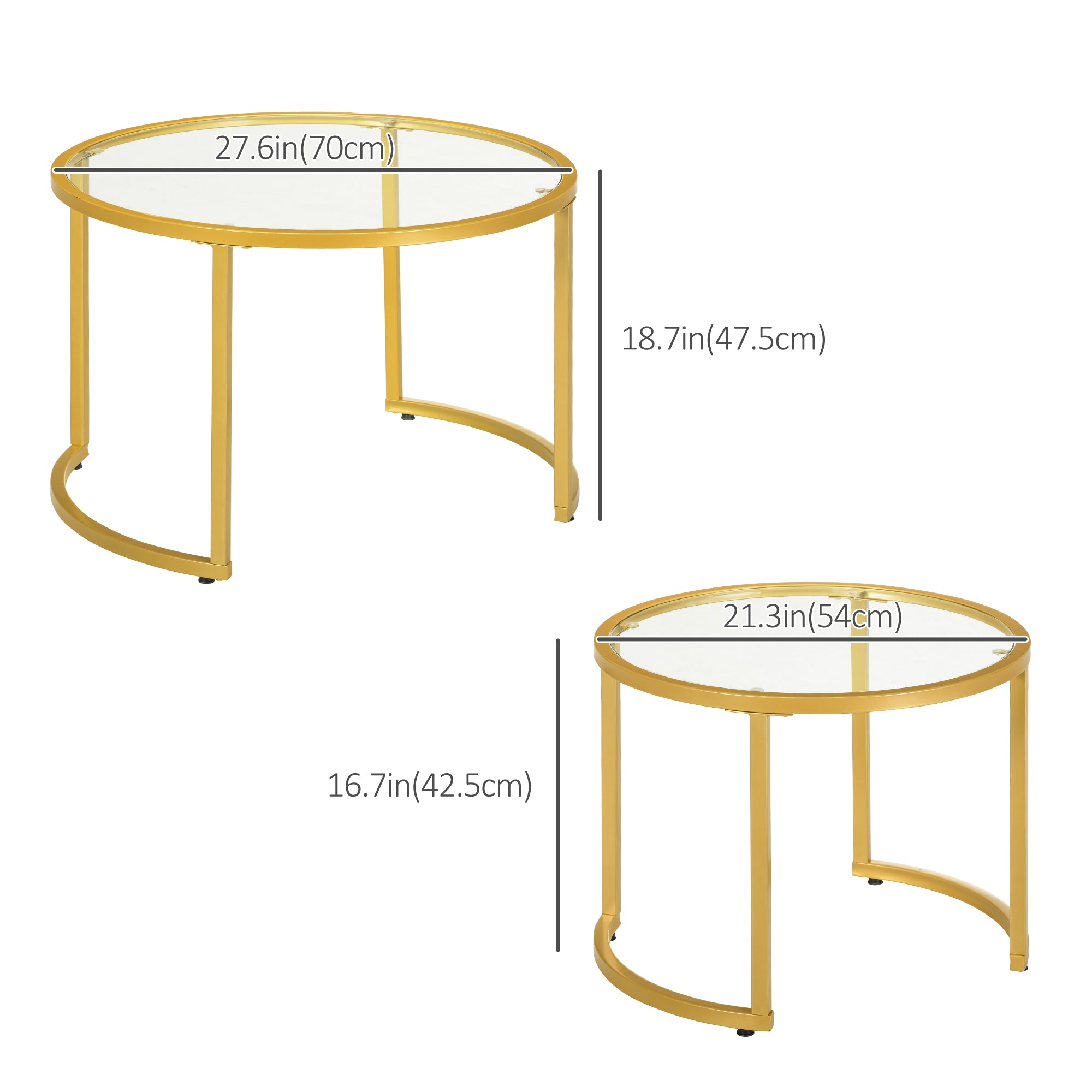 HOMCOM Round Coffee Table Set of 2, Modern Nesting Tables with Tempered Glass Top and Steel Frame for Living Room, Gold