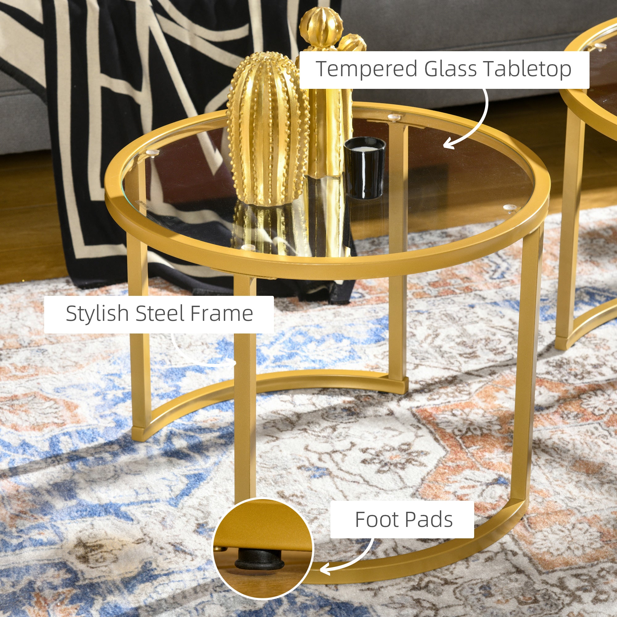 HOMCOM Round Coffee Table Set of 2, Modern Nesting Tables with Tempered Glass Top and Steel Frame for Living Room, Gold