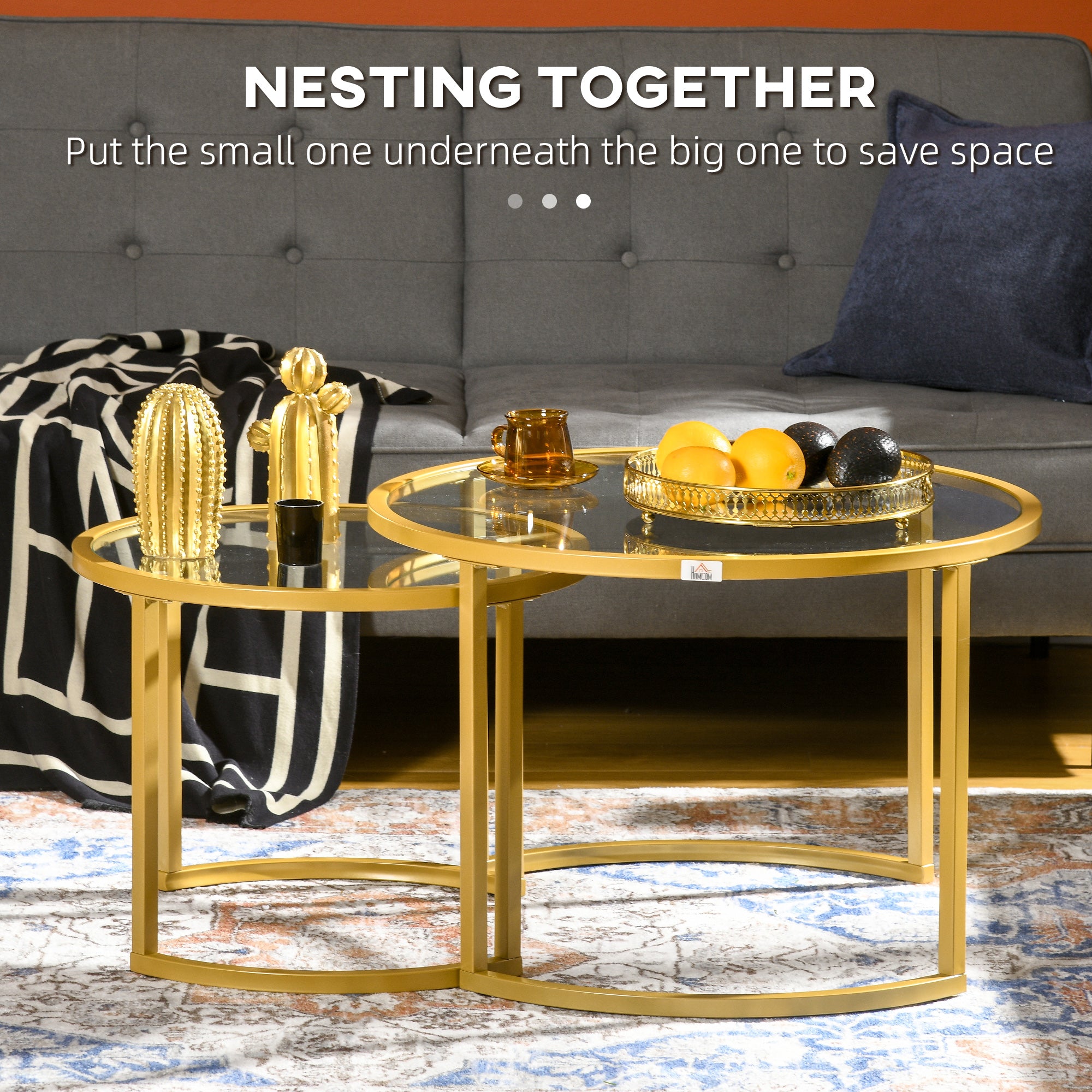 HOMCOM Round Coffee Table Set of 2, Modern Nesting Tables with Tempered Glass Top and Steel Frame for Living Room, Gold