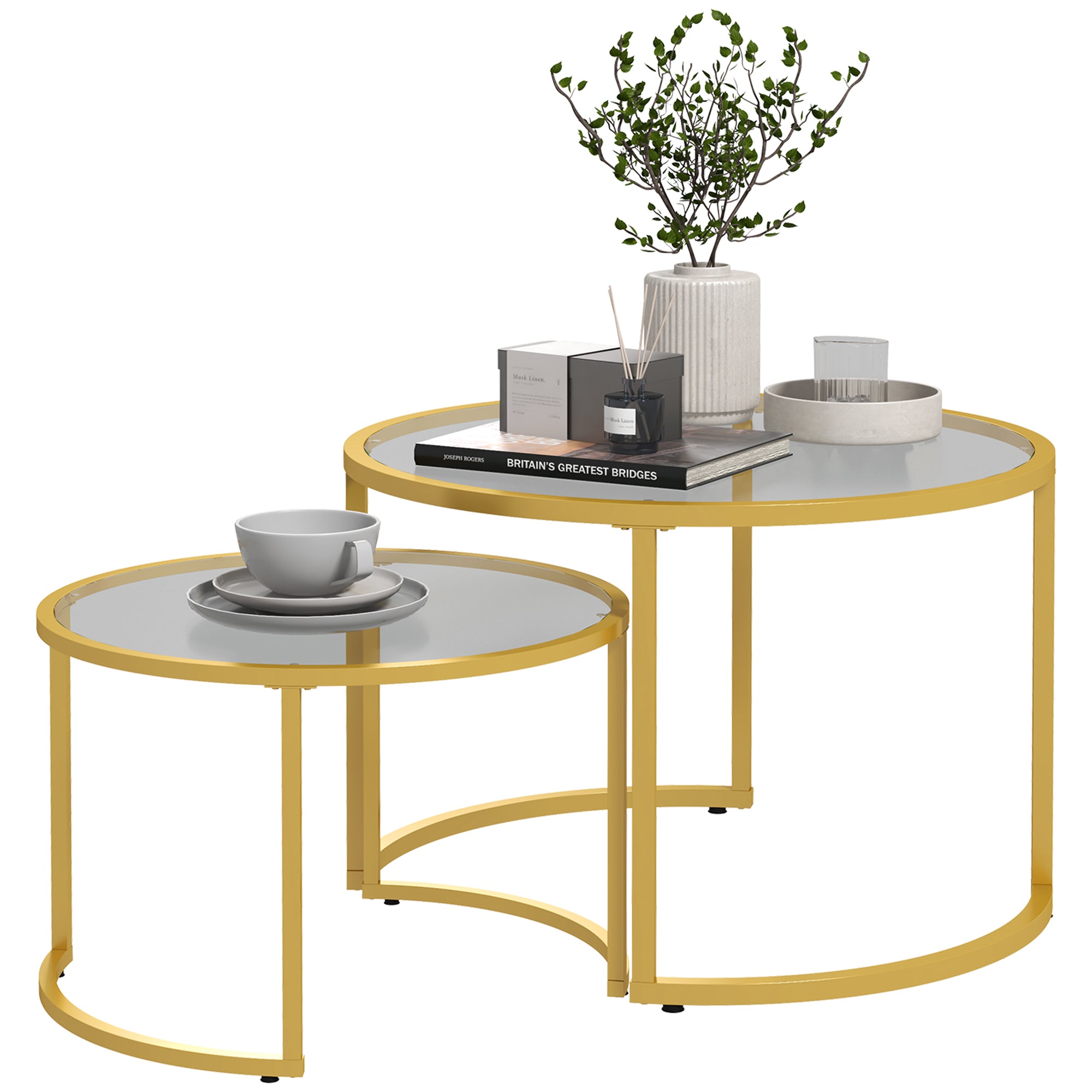 HOMCOM Round Coffee Table Set of 2, Modern Nesting Tables with Tempered Glass Top and Steel Frame for Living Room, Gold