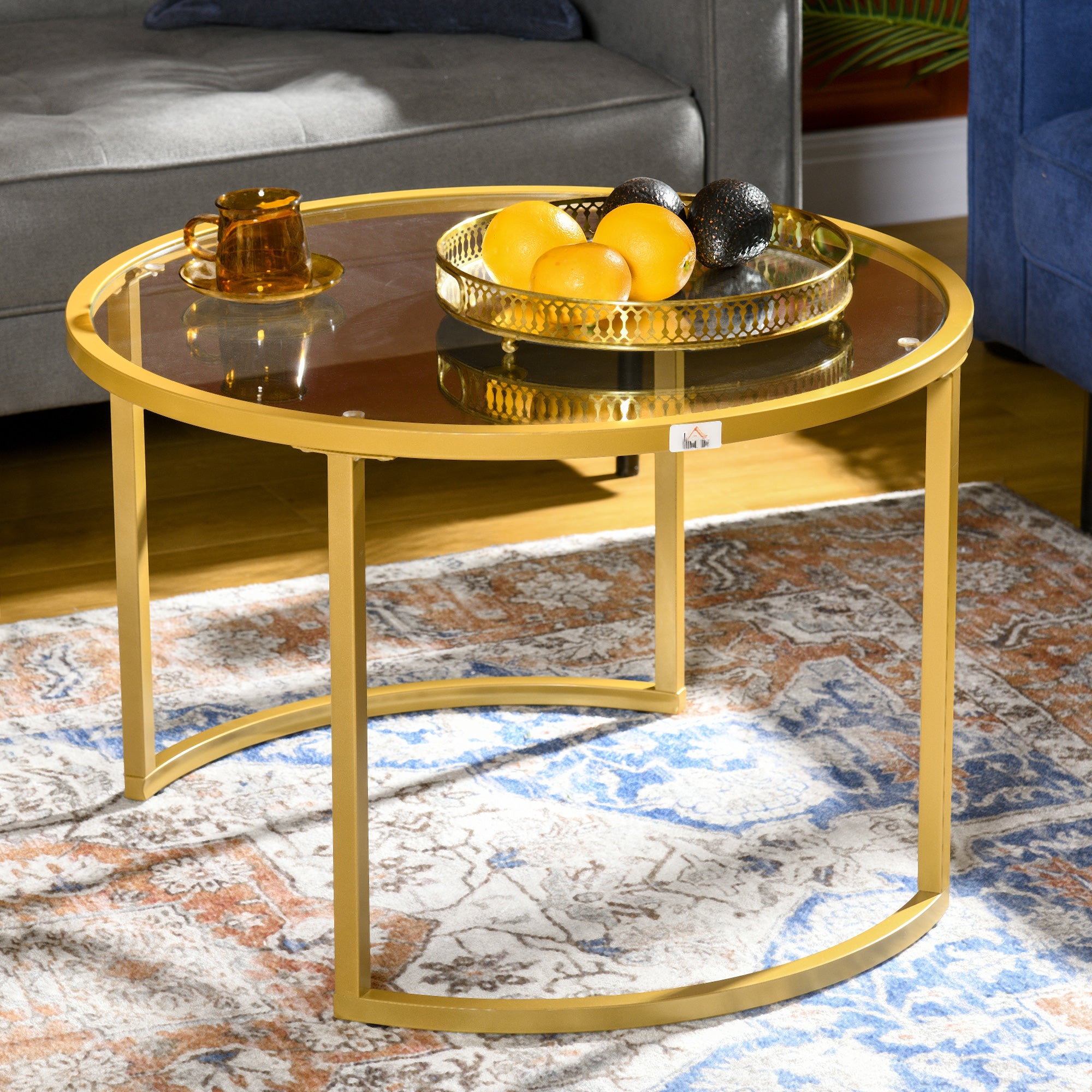 HOMCOM Round Coffee Table Set of 2, Modern Nesting Tables with Tempered Glass Top and Steel Frame for Living Room, Gold