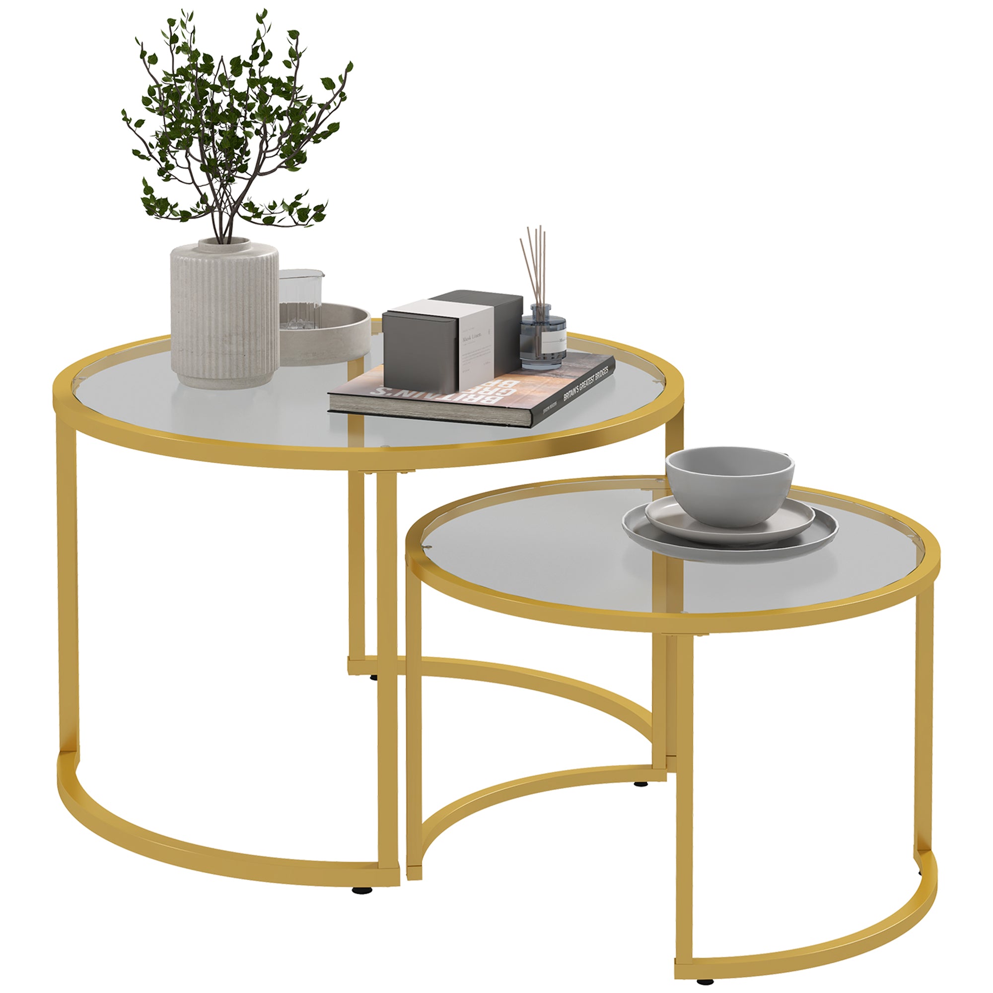 HOMCOM Round Coffee Table Set of 2, Modern Nesting Tables with Tempered Glass Top and Steel Frame for Living Room, Gold