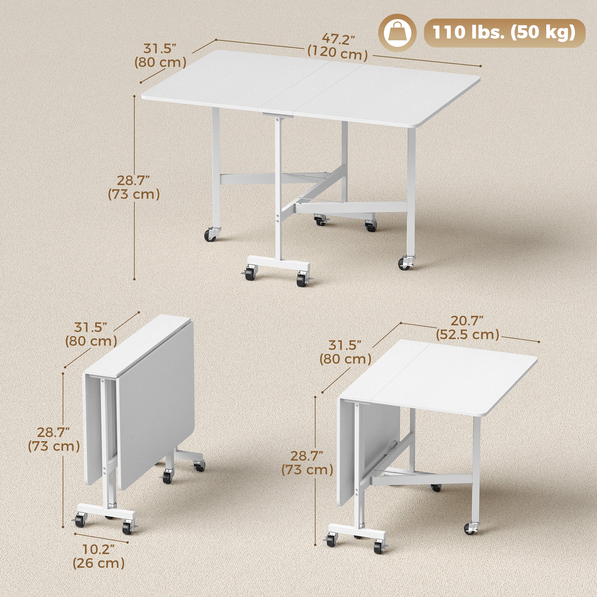 Mobile Drop Leaf Table, Folding Dining Table with 6 Wheels & Brakes, Rolling Kitchen Table for Small Spaces, 47.2", White