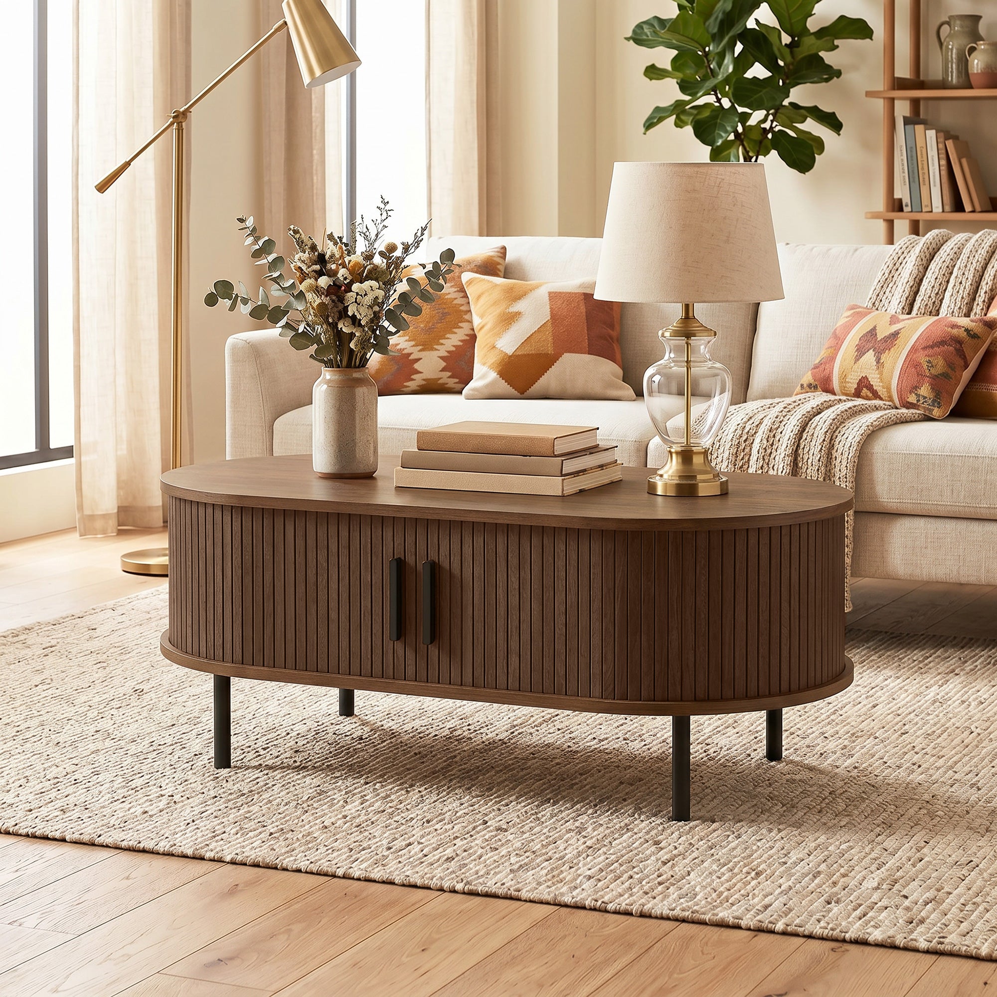 Mid-Century Modern Coffee Table, Center Table for Living Room with Storage, Sliding Tambour Doors, Rounded Edges and Metal Legs, Brown