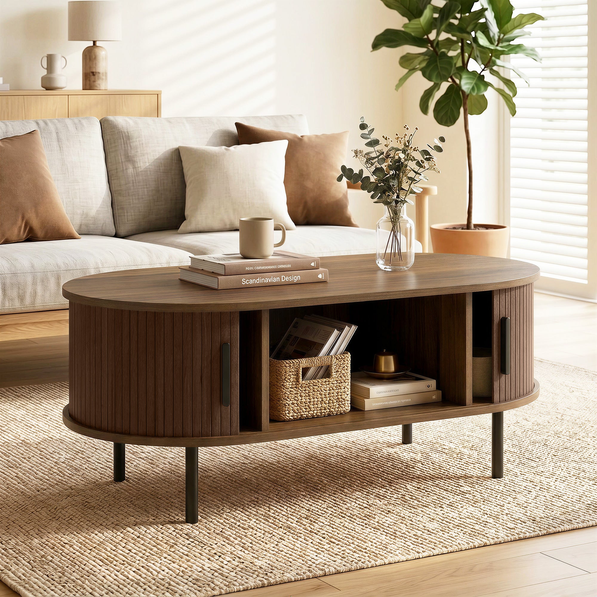 Mid-Century Modern Coffee Table, Center Table for Living Room with Storage, Sliding Tambour Doors, Rounded Edges and Metal Legs, Brown