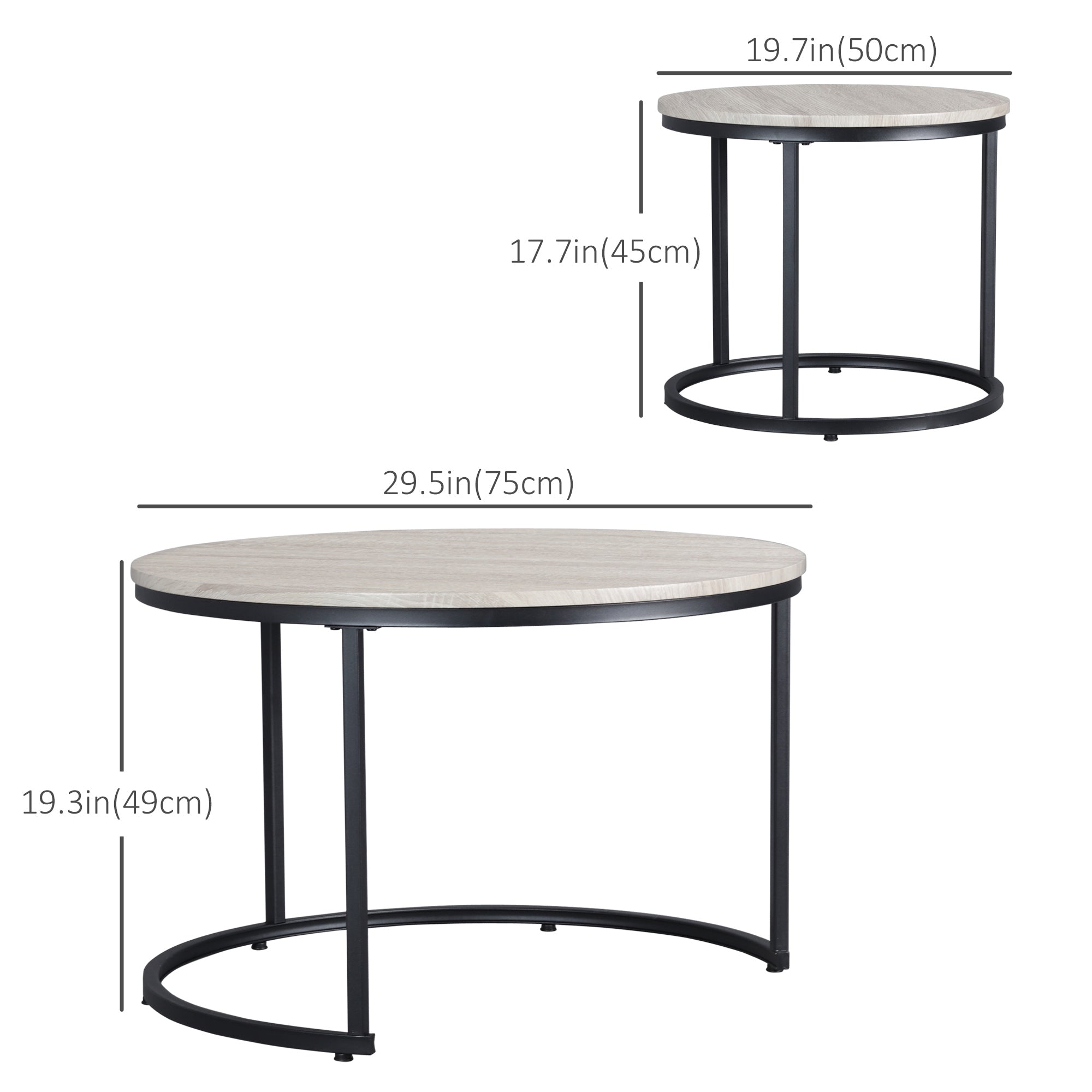 HOMCOM Nesting Tables, 29" Round Coffee Table Set of 2, Modern Side Tables for Living Room with Metal Base, Grey