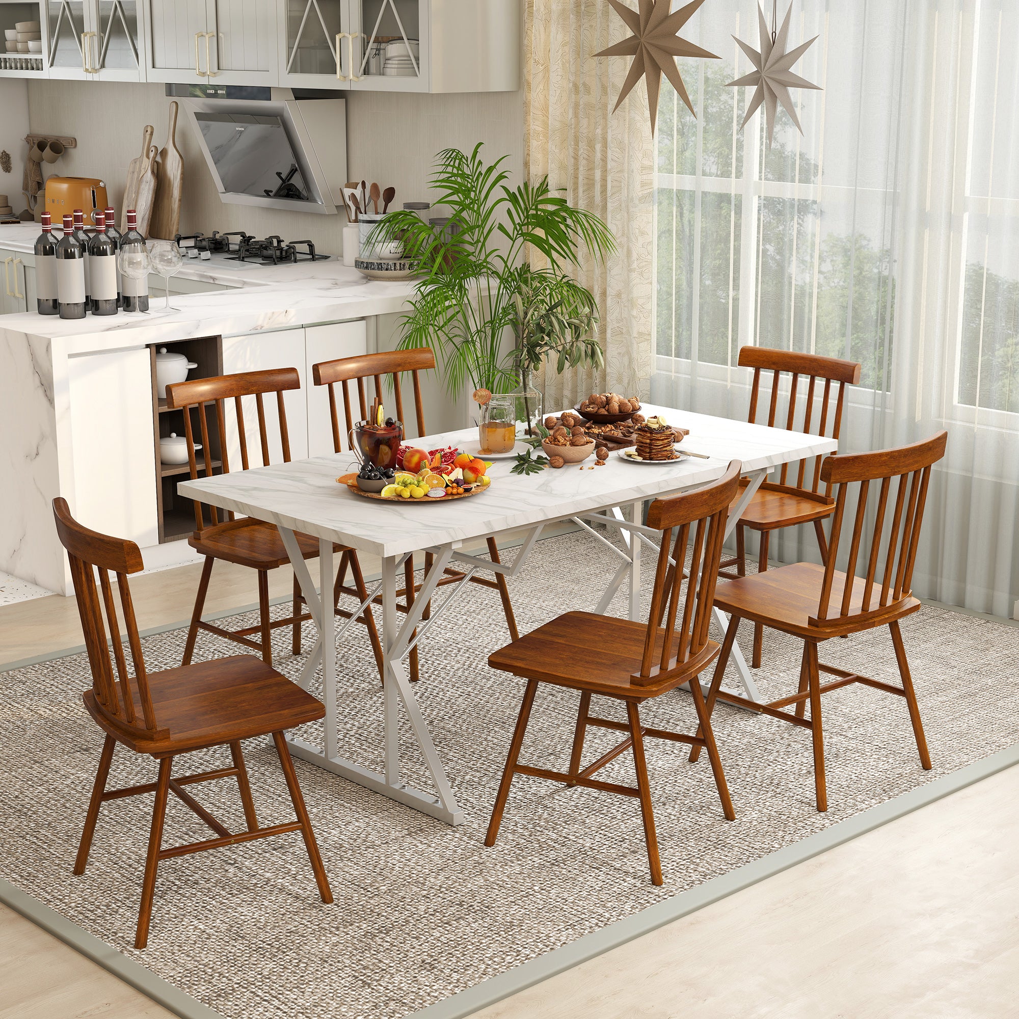 Windsor Dining Chairs Set of 4, Farmhouse Wooden Kitchen Chairs with Rubber Wood Frame and Spindle Backrest for Dining & Living Room, Light Brown