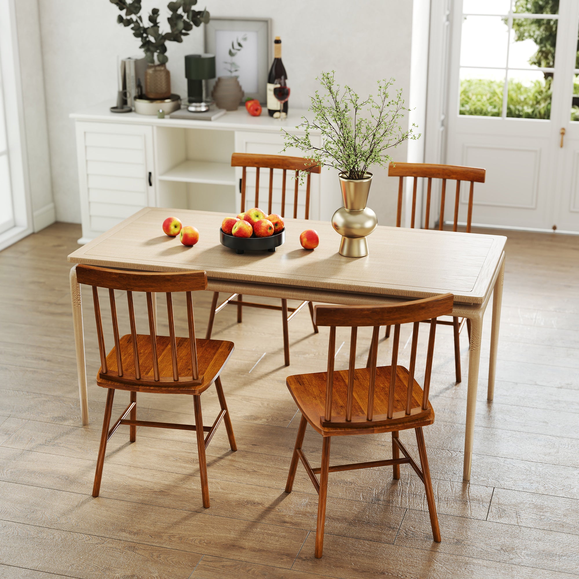 Windsor Dining Chairs Set of 4, Farmhouse Wooden Kitchen Chairs with Rubber Wood Frame and Spindle Backrest for Dining & Living Room, Light Brown