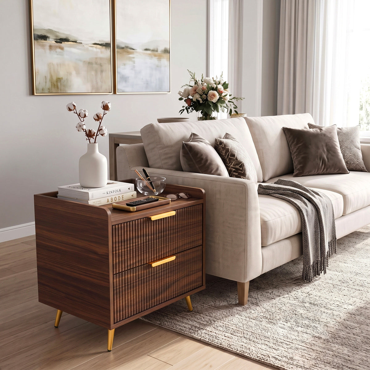 Bedside Table, Bedside Cabinet with 2 Drawers, Side End Table with Metal Legs for Bedroom Living Room, Walnut Brown