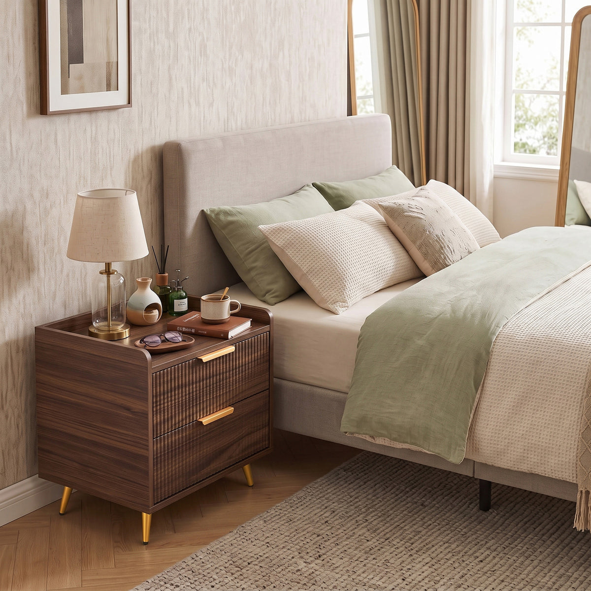 Bedside Table, Bedside Cabinet with 2 Drawers, Side End Table with Metal Legs for Bedroom Living Room, Walnut Brown