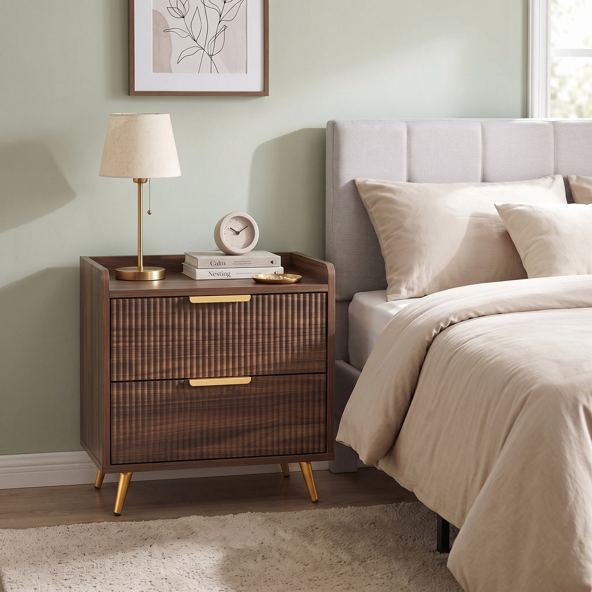 Bedside Table, Bedside Cabinet with 2 Drawers, Side End Table with Metal Legs for Bedroom Living Room, Walnut Brown
