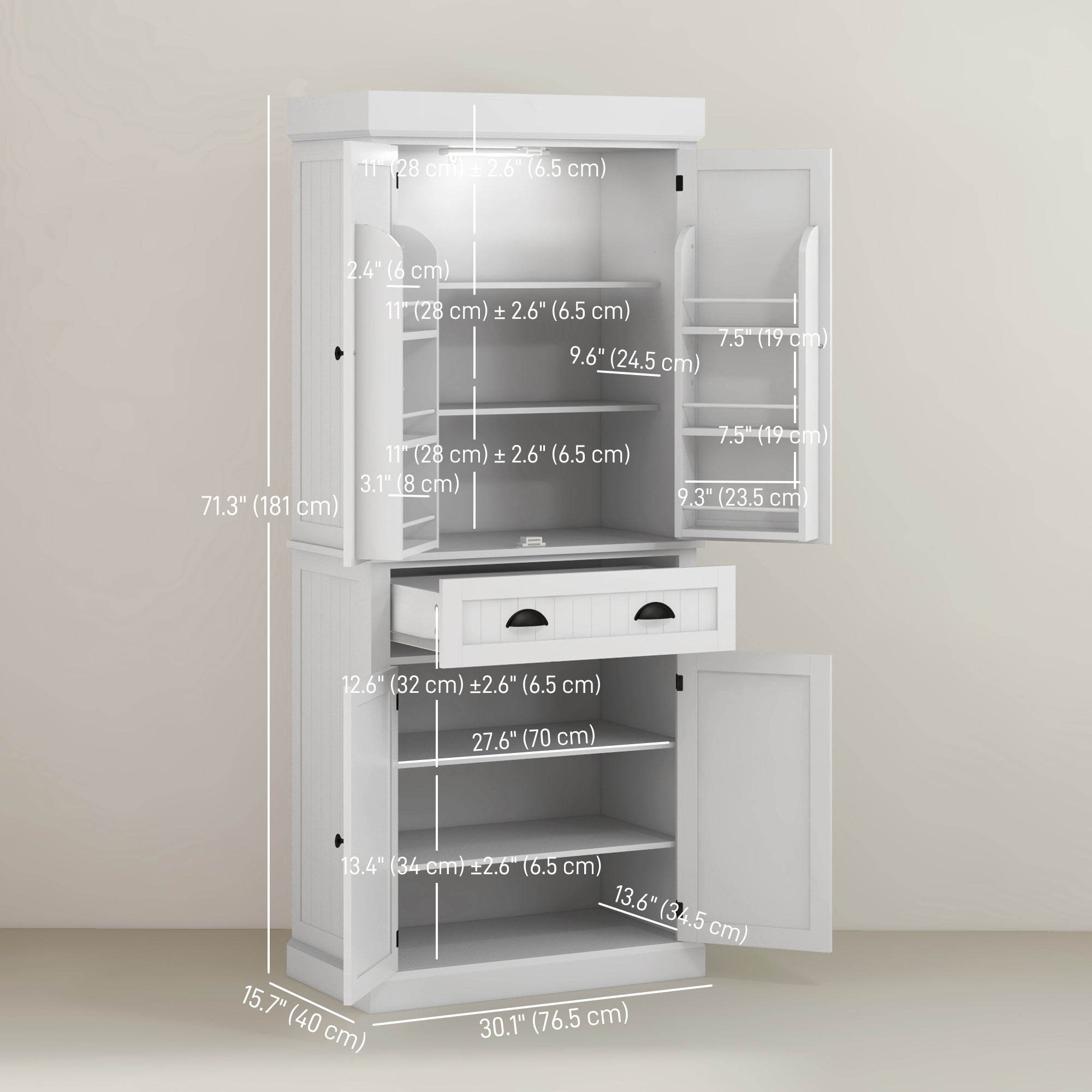 71" Pantry Cabinet with LED Motion Sensor Light, Freestanding Kitchen Pantry with 6 Spice Racks, Drawer and Adjustable Shelves, Tall Buffet Cabinet with Hutch, White