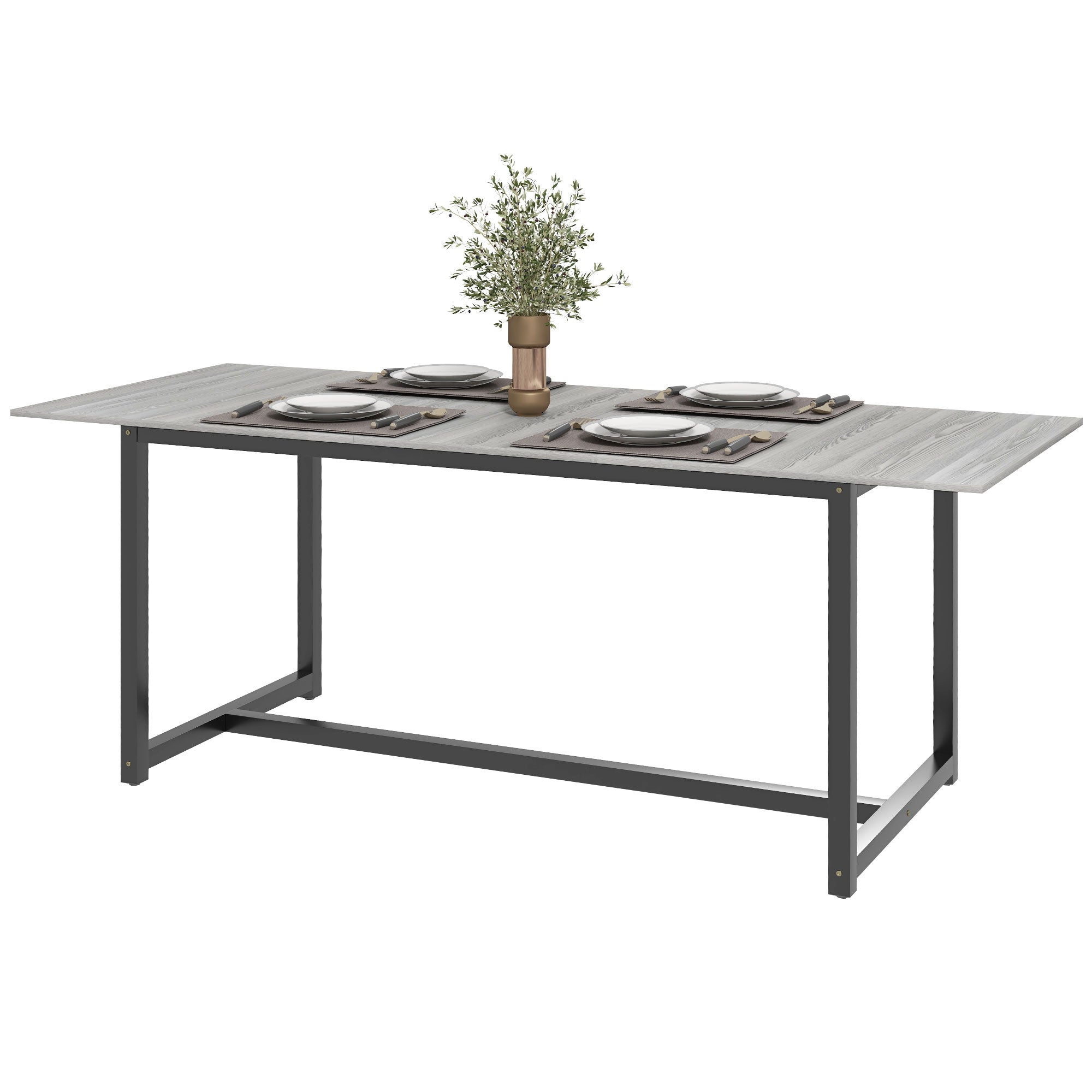 HOMCOM Extendable Dining Table for 4-6, Industrial Folding Kitchen Table with Steel Frame, 63"-79" Adjustable Tabletop, Grey Wood Grain