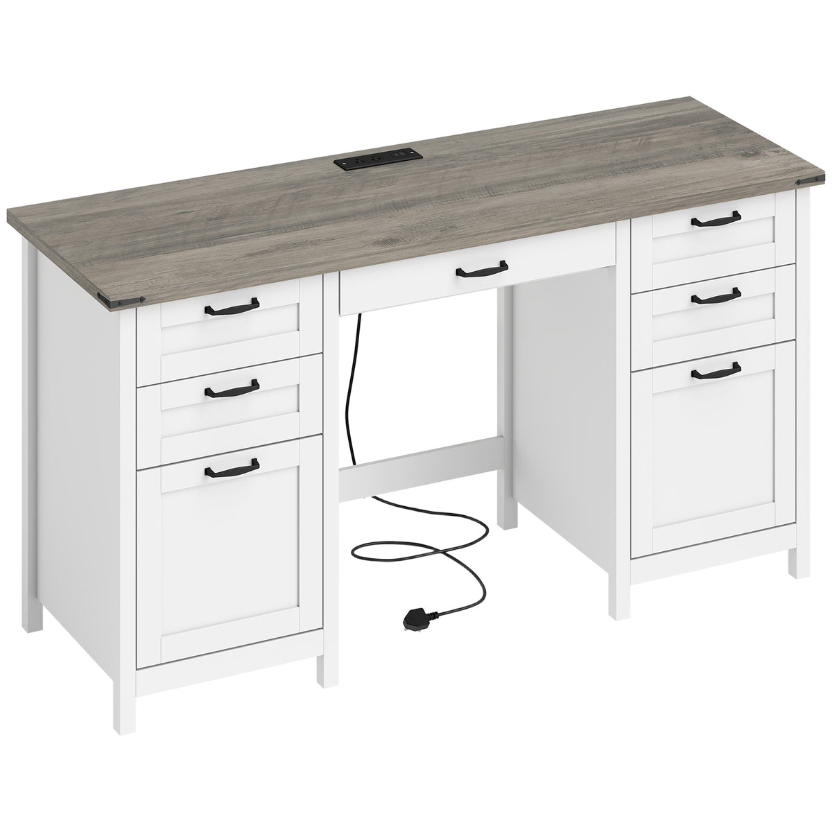 Farmhouse 57" Executive Desk with 7 Drawers, Computer Desk with Power Outlets & USB Charging, Hanging Bar for A4 and Letter, Home Office, Study, Grey Brown and White